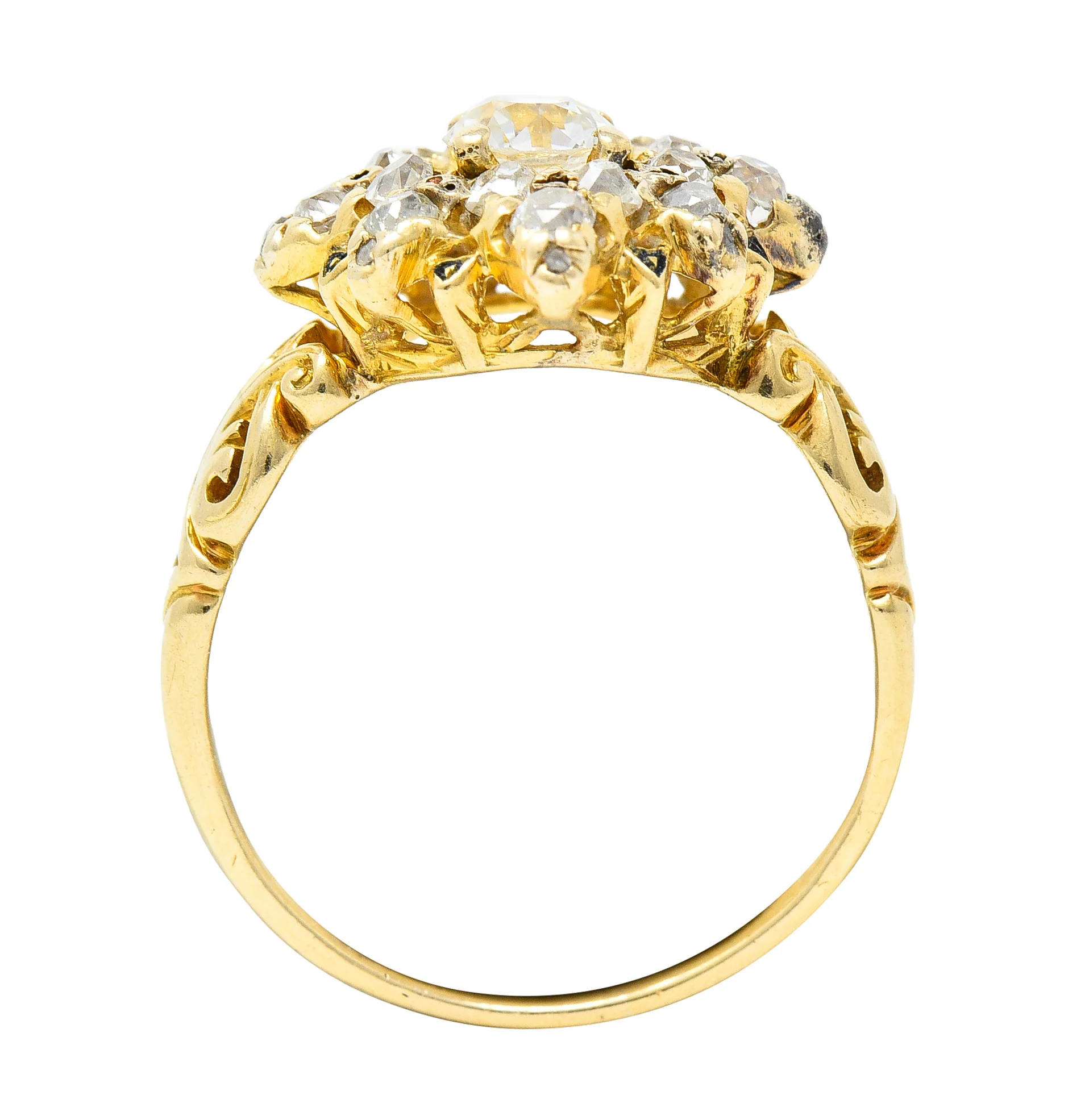 Victorian 1.12 CTW Old European Cut Diamond Enamel 14 Karat Yellow Gold Starburst Antique Cluster Ring - Image 9
