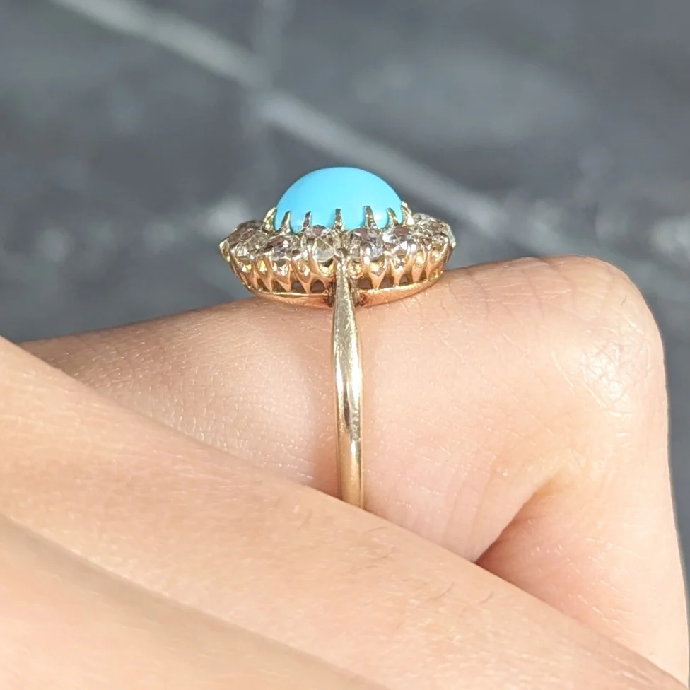 Victorian 1.12 CTW Turquoise Cabochon Old Mine Cut Diamond 14 Karat Yellow Gold Antique Halo Ring - Image 10