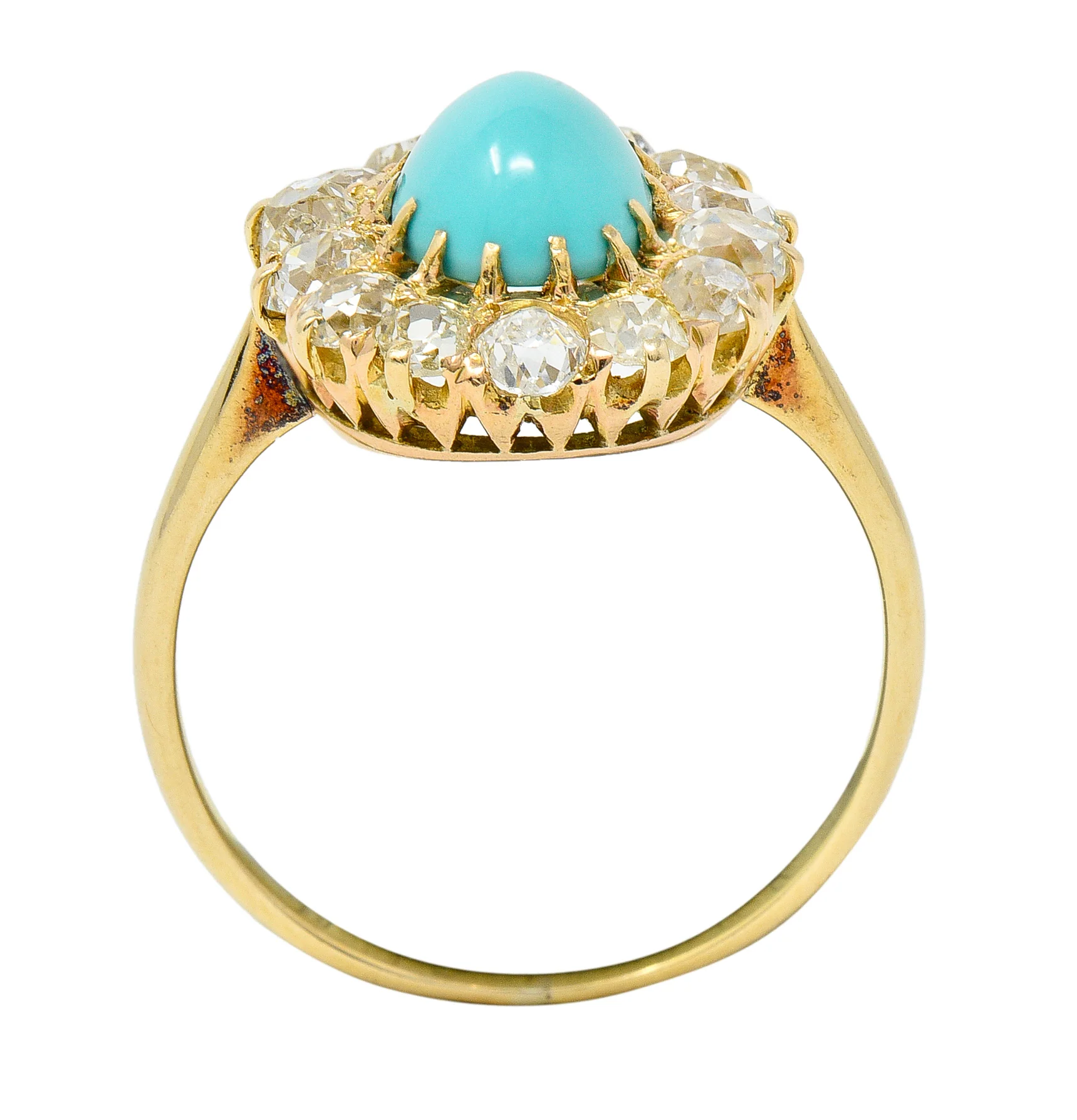 Victorian 1.12 CTW Turquoise Cabochon Old Mine Cut Diamond 14 Karat Yellow Gold Antique Halo Ring - Image 7