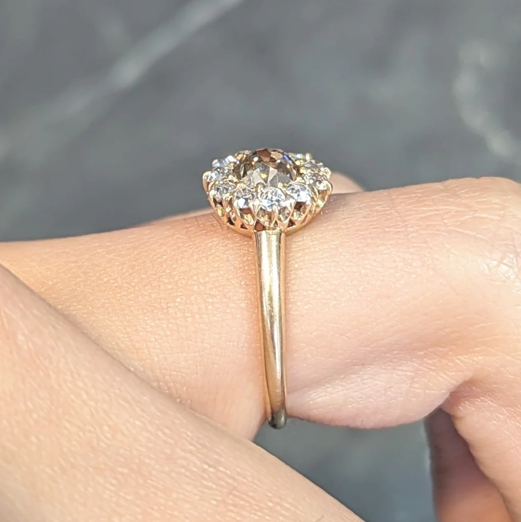 Victorian 1.18 CTW Old Mine Fancy Light Brown Diamond 14 Karat Gold Antique Halo Ring - Image 14