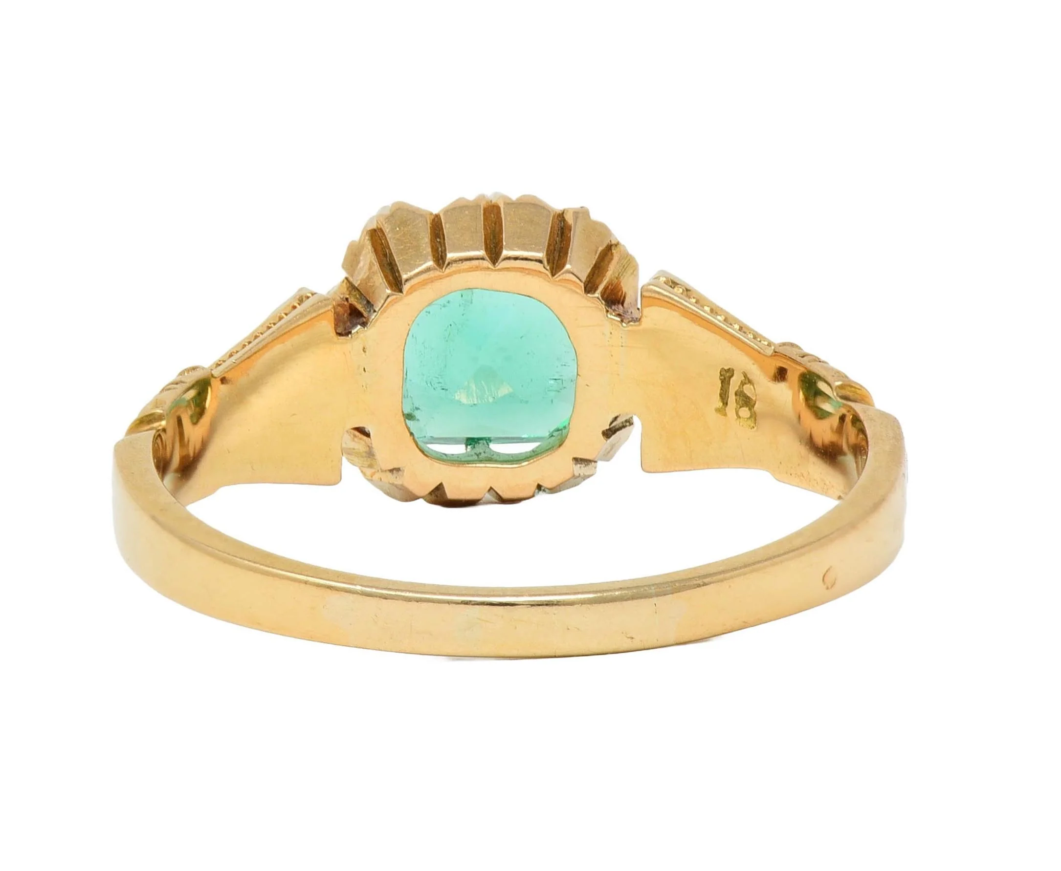 Victorian 1.20 CTW Cushion Cut Emerald 18 Karat Yellow Gold Antique Belcher Ring - Image 4