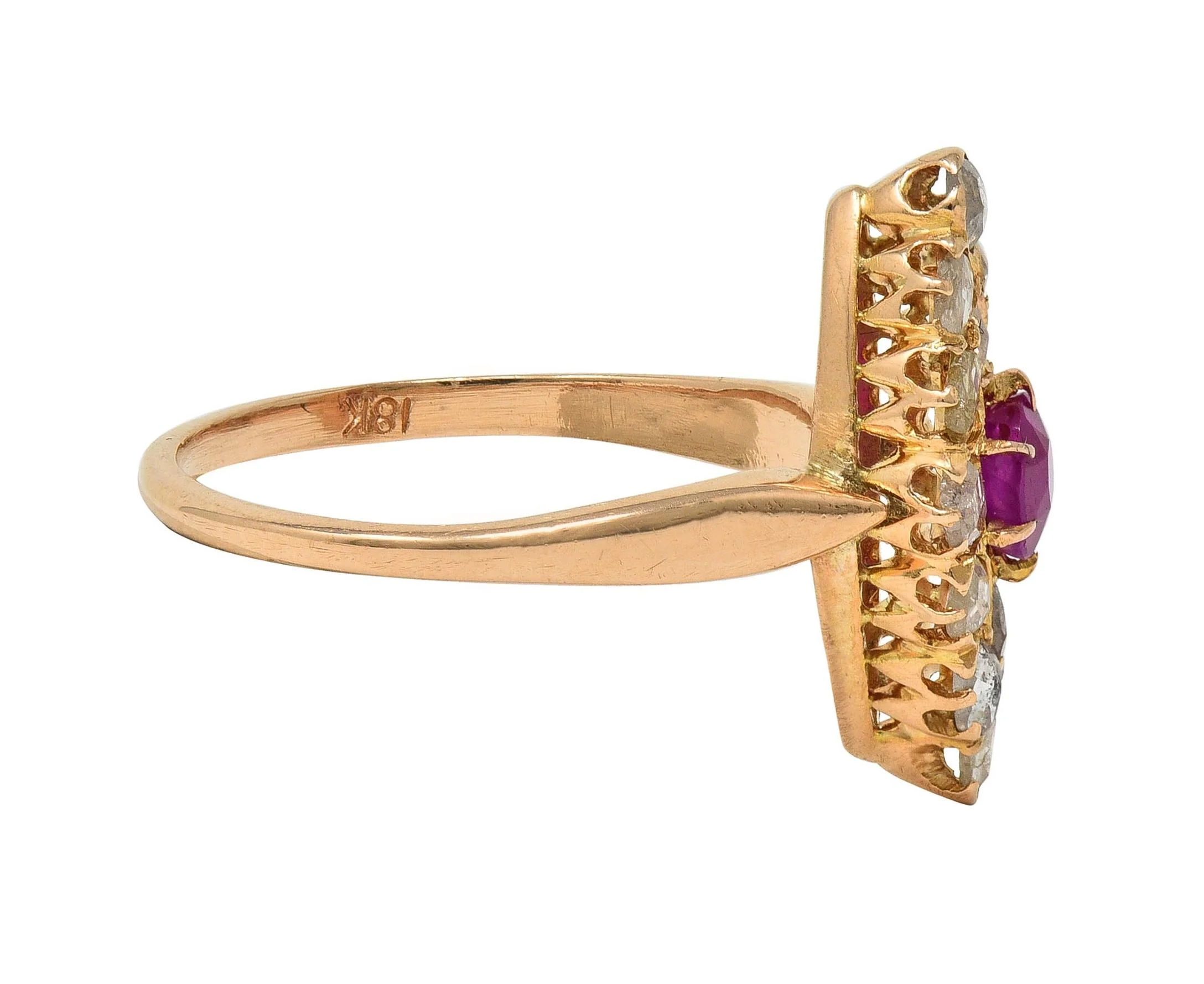Victorian 1.20 CTW Ruby Diamond 18K Yellow Gold Antique Navette Cluster Ring - Image 3