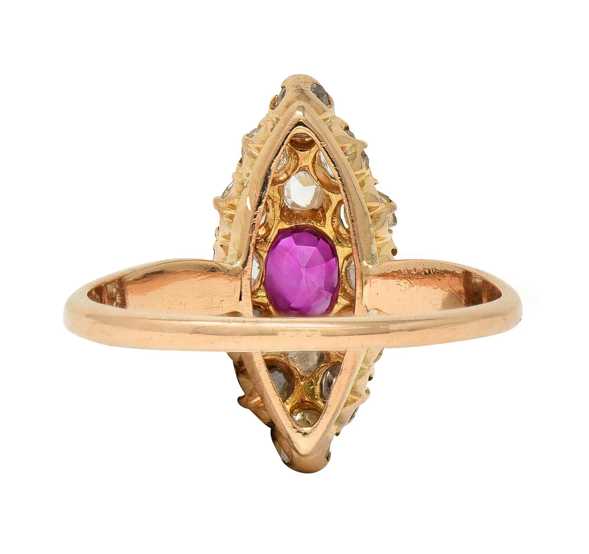 Victorian 1.20 CTW Ruby Diamond 18K Yellow Gold Antique Navette Cluster Ring - Image 4