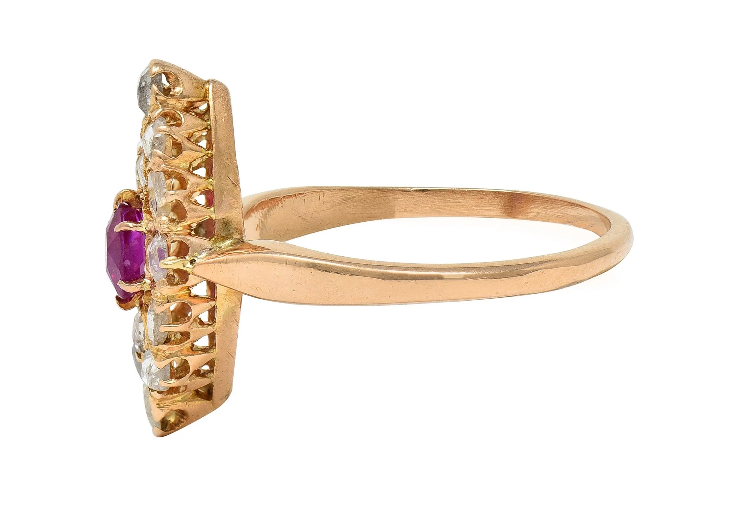 Victorian 1.20 CTW Ruby Diamond 18K Yellow Gold Antique Navette Cluster Ring - Image 5