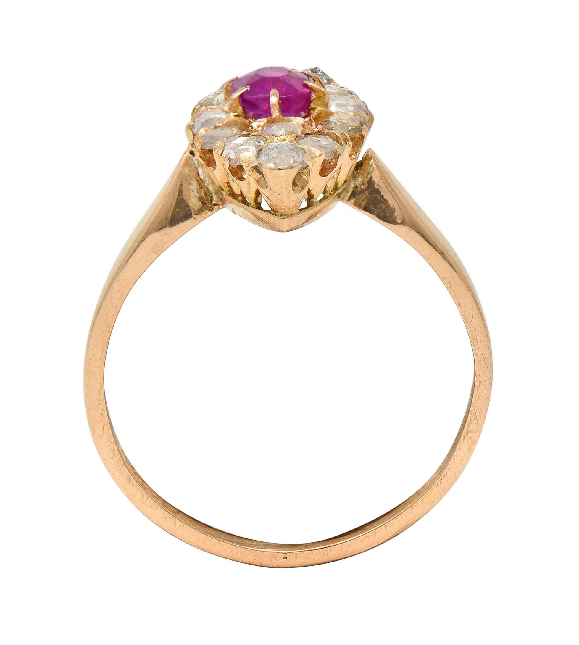 Victorian 1.20 CTW Ruby Diamond 18K Yellow Gold Antique Navette Cluster Ring - Image 9