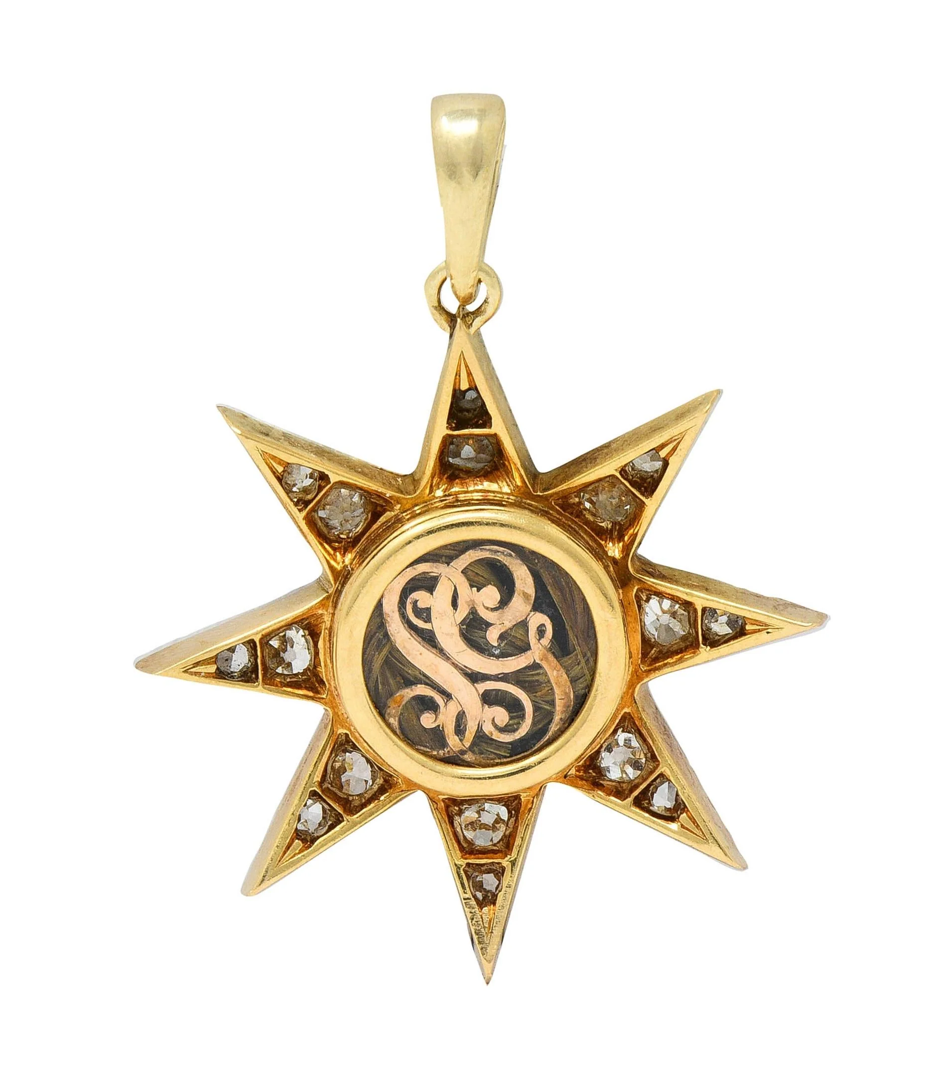 Victorian 1.22 CTW Diamond 18 Karat Yellow Gold Hair Starburst Antique Mourning Pendant - Image 3