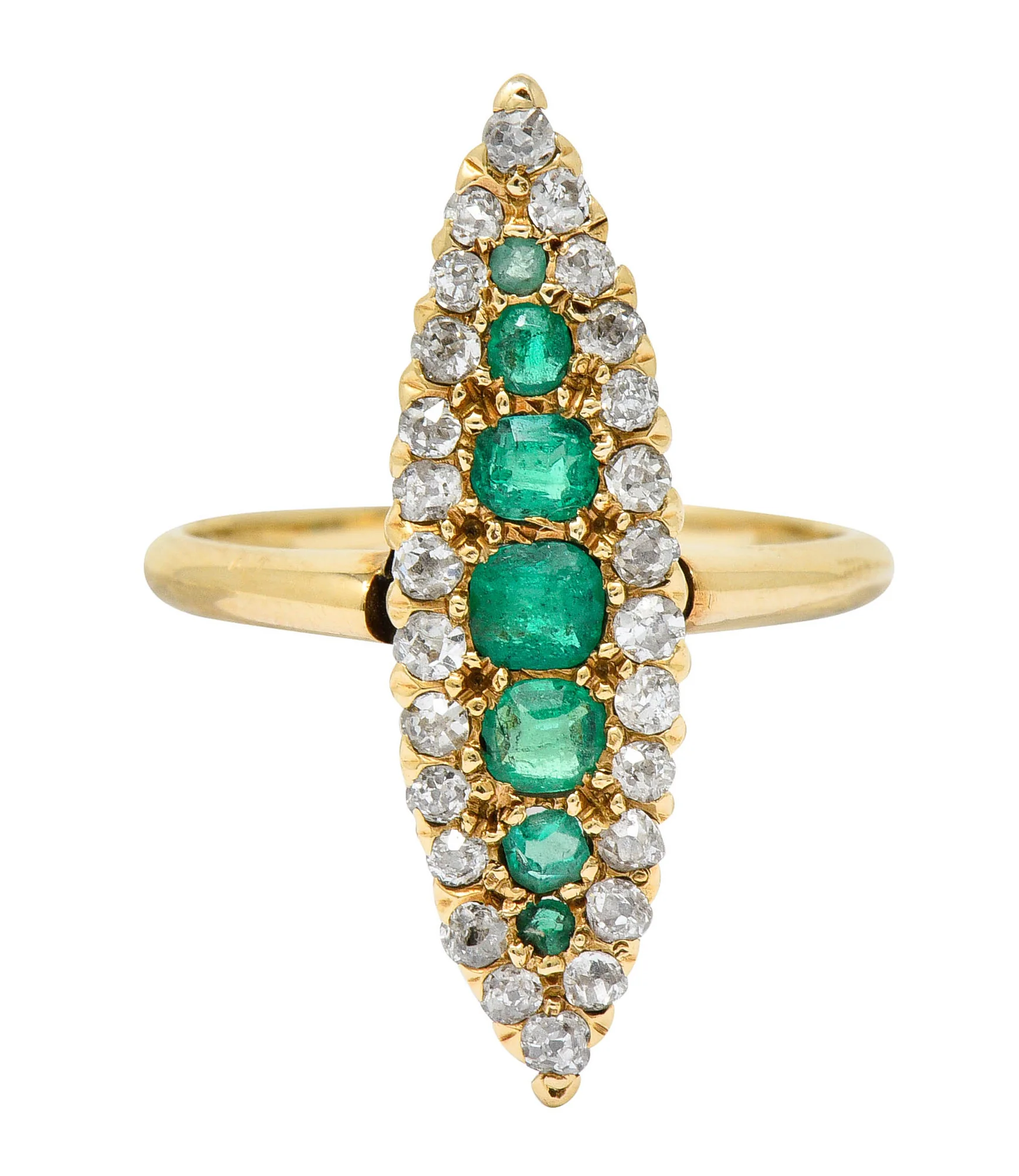 Victorian 1.22 CTW Emerald Diamond 14 Karat Gold Navette Cluster Ring