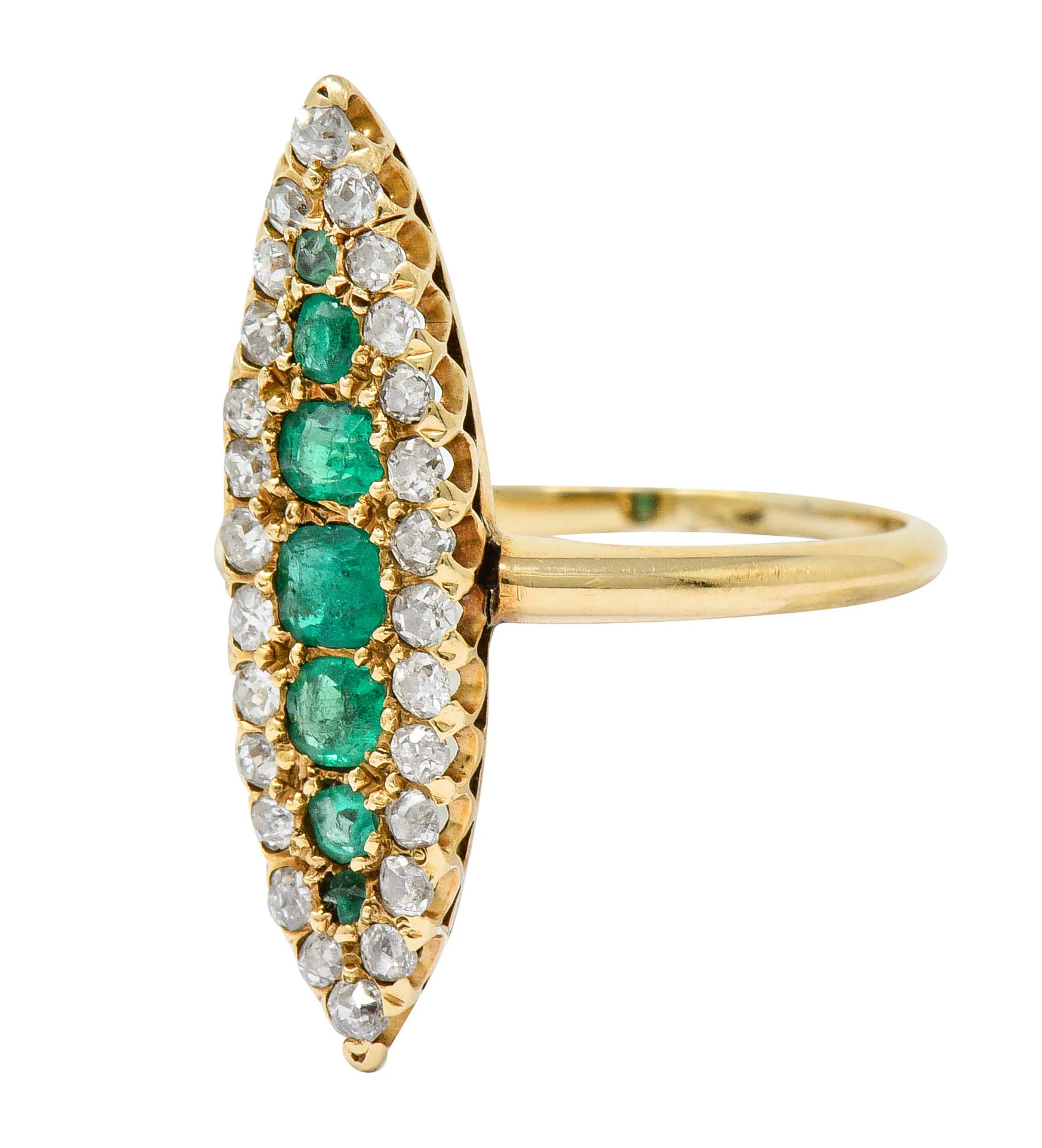 Victorian 1.22 CTW Emerald Diamond 14 Karat Gold Navette Cluster Ring - Image 6