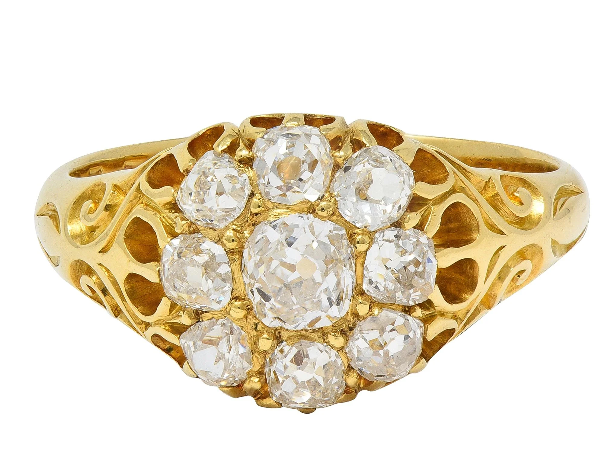 Victorian 1.26 CTW Old Mine Cut Diamond 18 Karat Yellow Gold Antique Cluster Ring