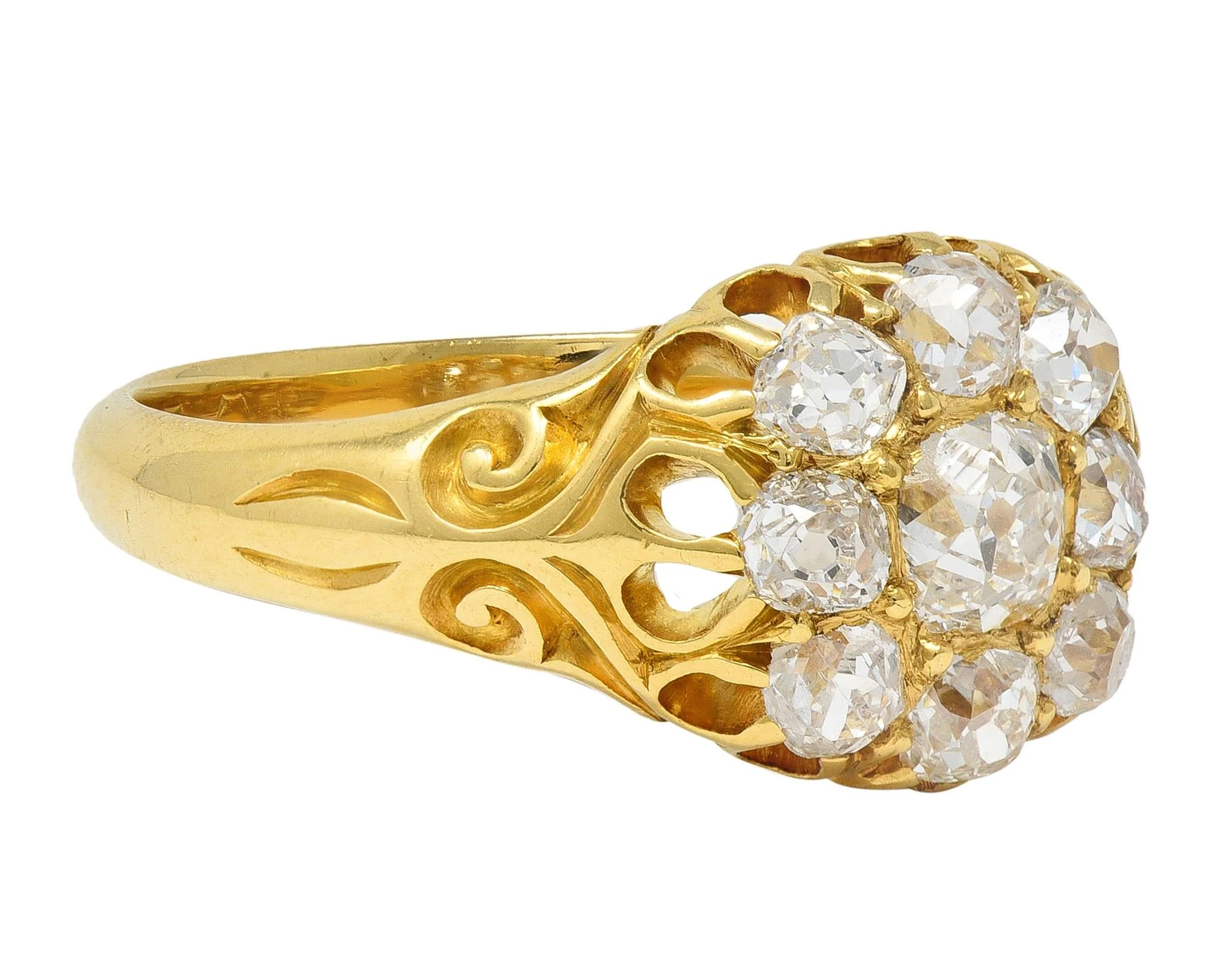 Victorian 1.26 CTW Old Mine Cut Diamond 18 Karat Yellow Gold Antique Cluster Ring - Image 2