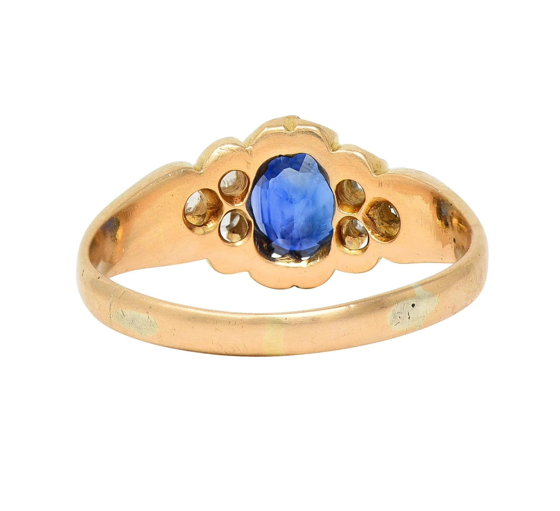 Victorian 1.30 CTW Sapphire Diamond 14 Karat Yellow Gold Belcher Antique Ring - Image 4