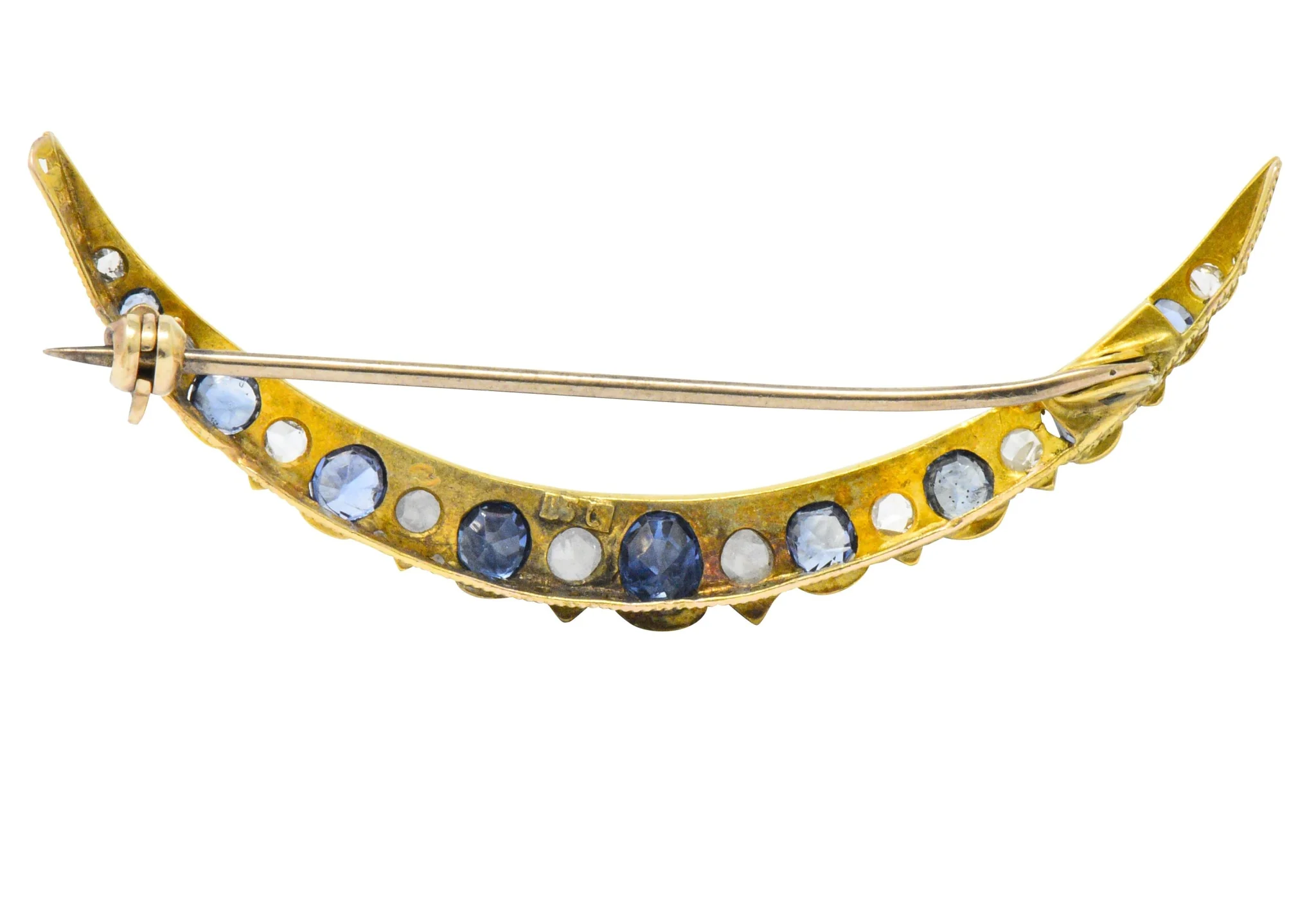 Victorian 1.35 CTW Sapphire Diamond 15 Karat Gold Honeymoon Brooch - Image 4