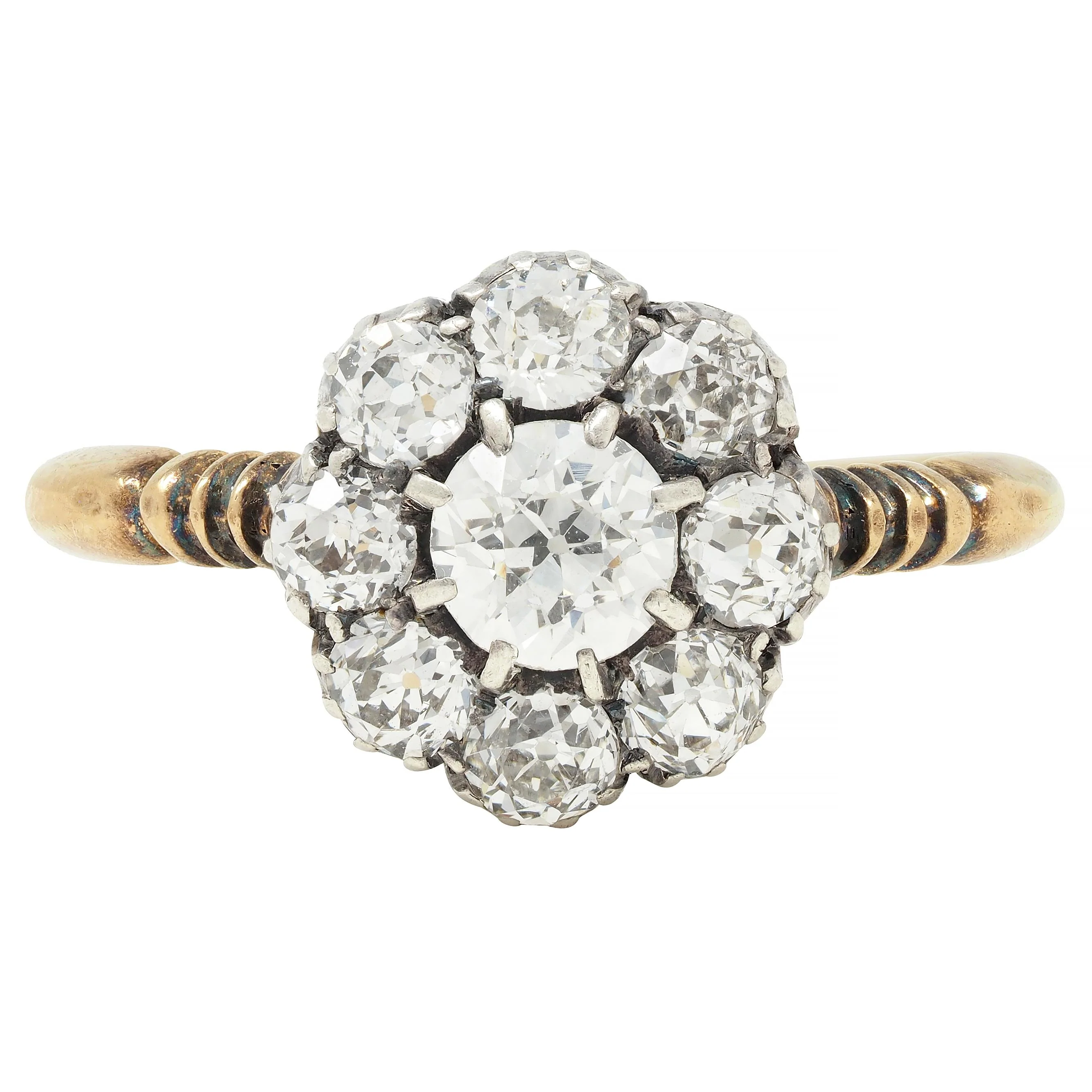 Victorian 1.36 CTW Old European Cut Diamond Silver 14 Karat Gold Antique Halo Ring