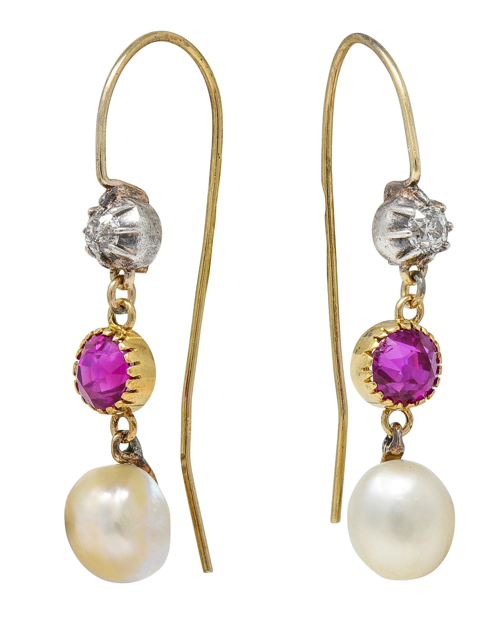 Victorian 1.40 CTW No Heat Burma Pink Sapphire Diamond Pearl 14 Karat Yellow Gold Antique Drop Earrings GIA - Image 3