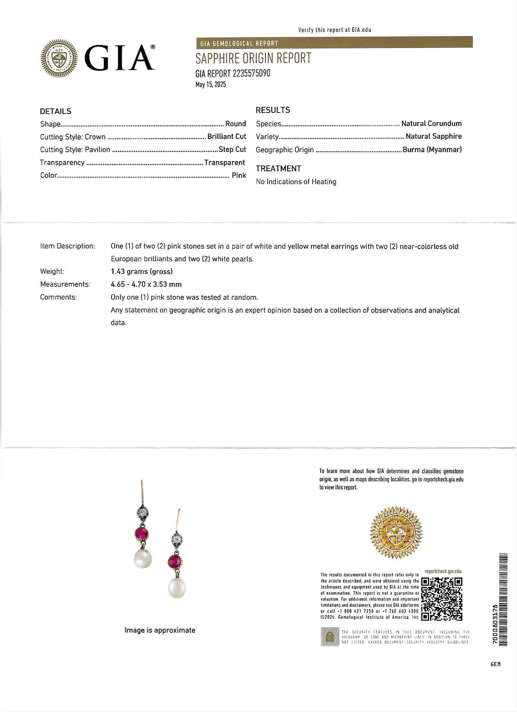 Victorian 1.40 CTW No Heat Burma Pink Sapphire Diamond Pearl 14 Karat Yellow Gold Antique Drop Earrings GIA - Image 8