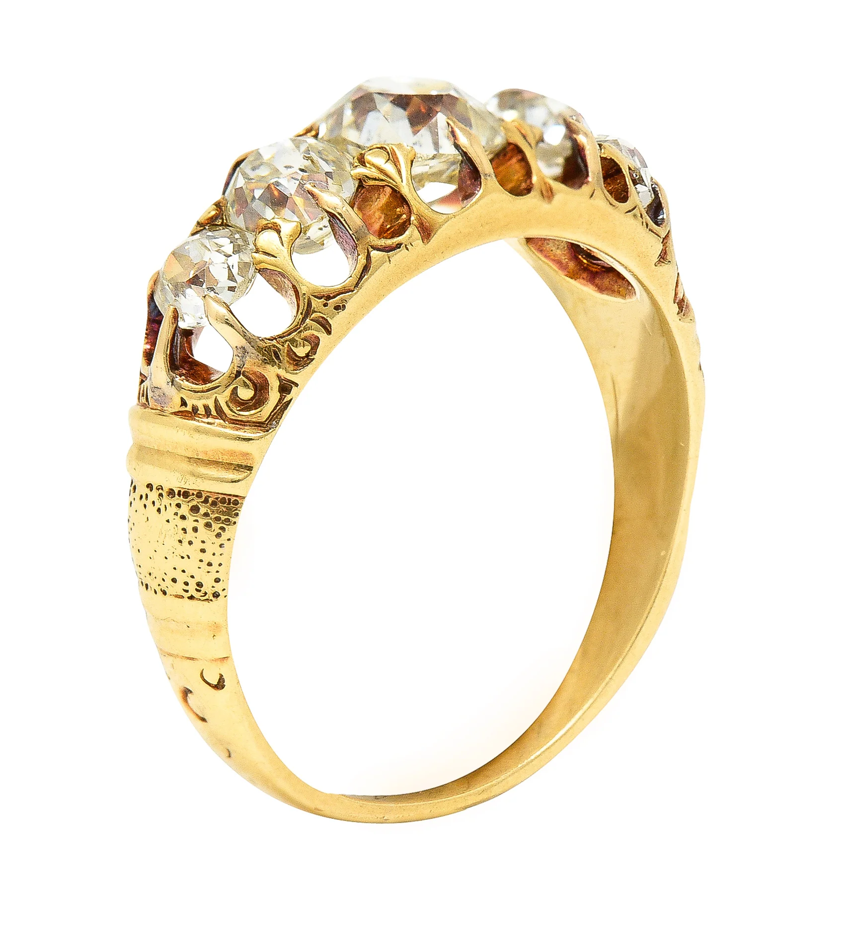 Victorian 1.40 CTW Old Mine Cut Diamond 18 Karat Yellow Gold Belcher Crescent Antique Five Stone Band Ring - Image 9