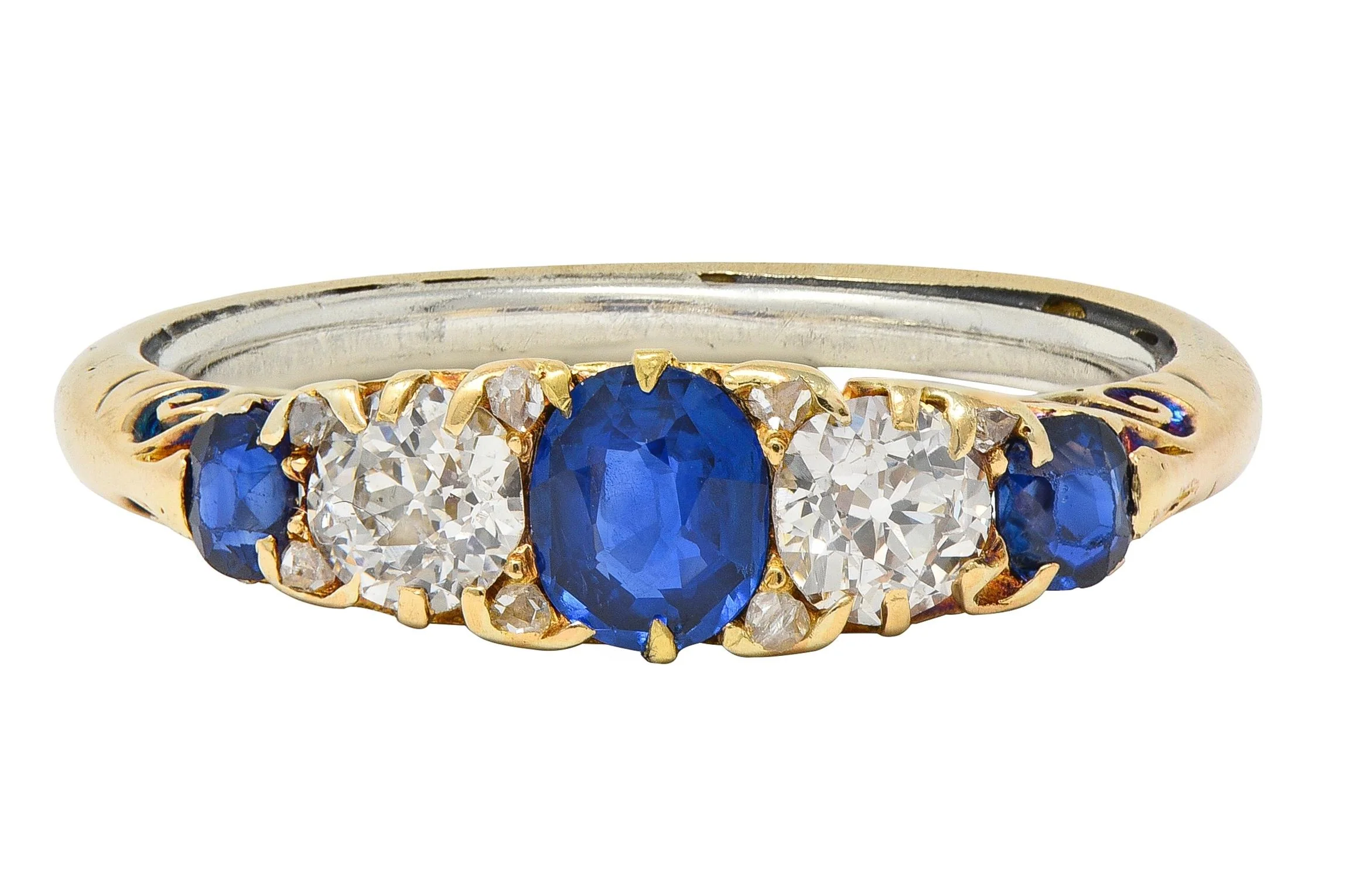 Victorian 1.40 CTW Sapphire Diamond 18 Karat Yellow Gold Antique Scroll Band Ring
