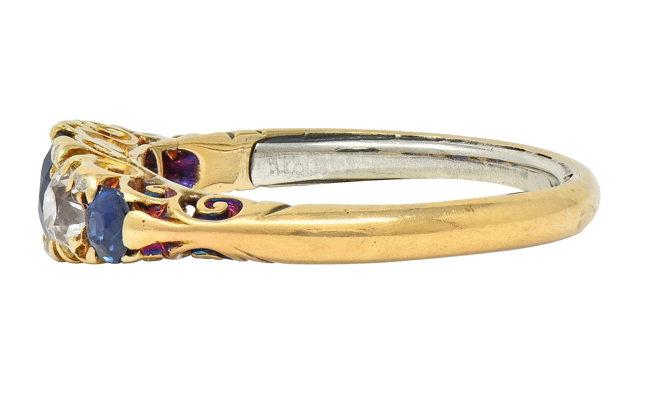 Victorian 1.40 CTW Sapphire Diamond 18 Karat Yellow Gold Antique Scroll Band Ring - Image 5