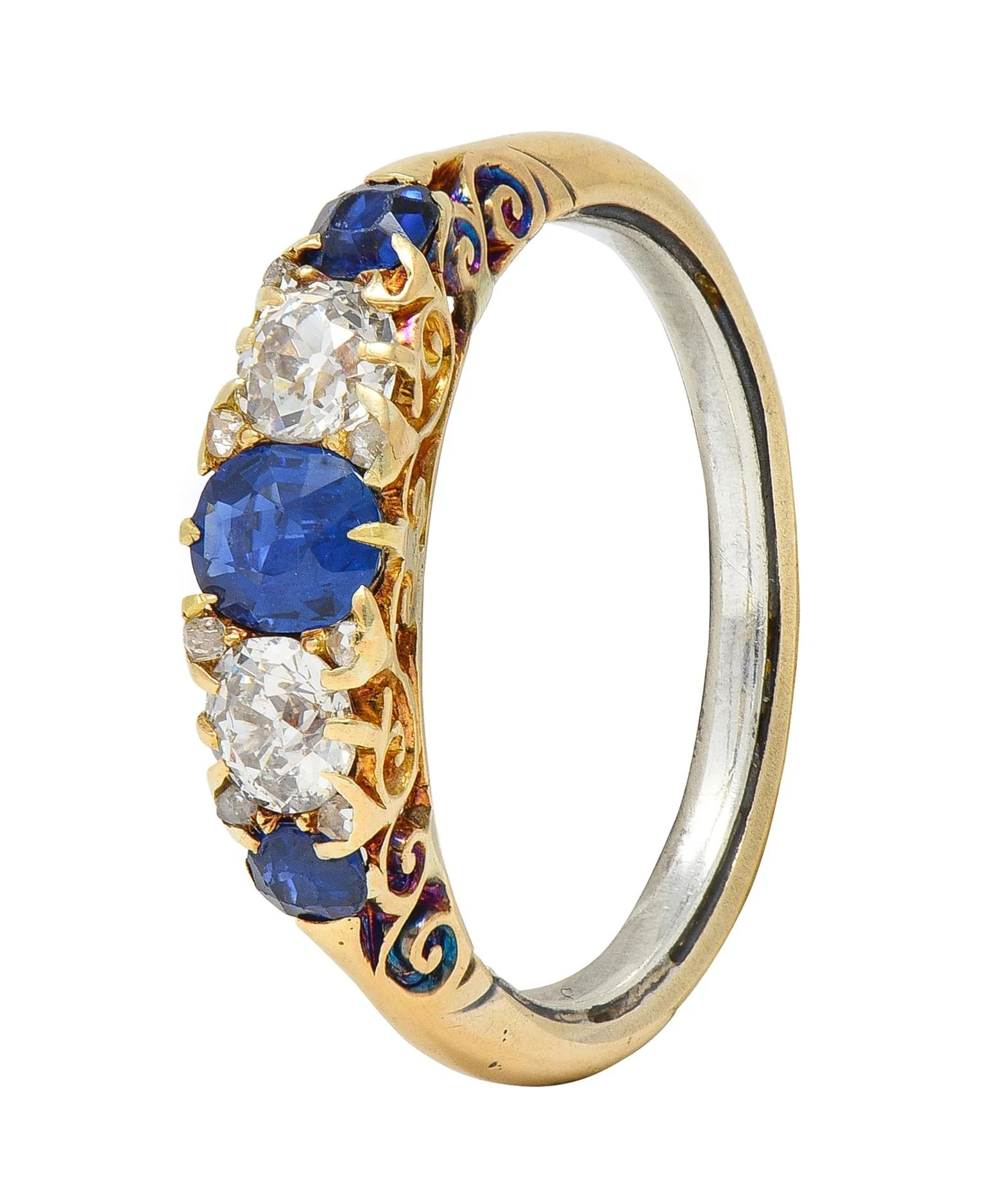 Victorian 1.40 CTW Sapphire Diamond 18 Karat Yellow Gold Antique Scroll Band Ring - Image 6