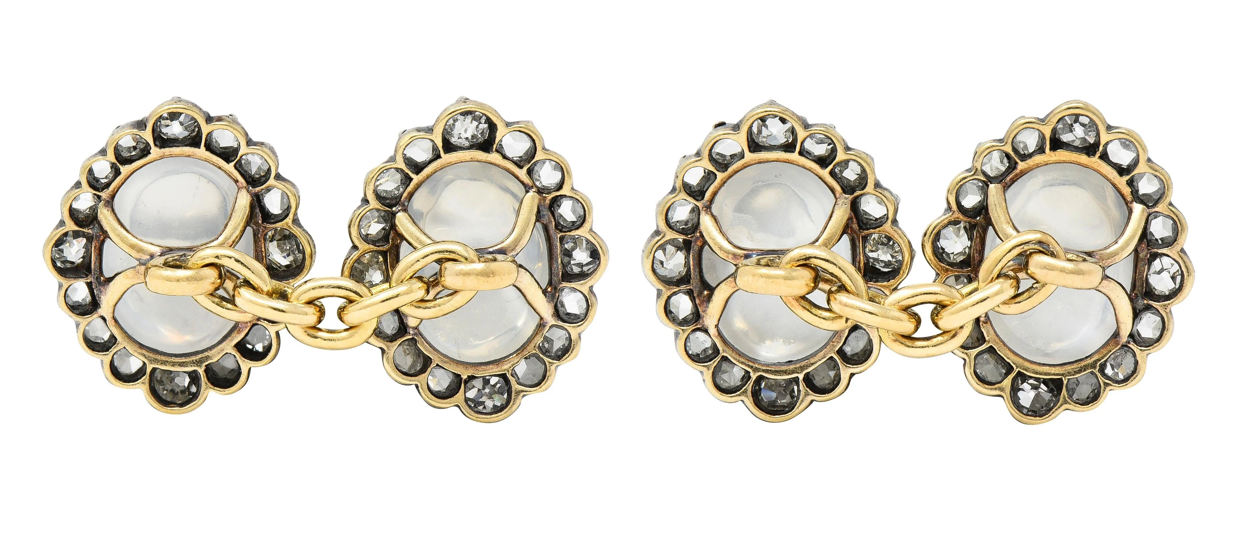 Victorian 1.44 CTW Diamond Moonstone 14 Karat Gold Silver Antique Cufflinks - Image 3