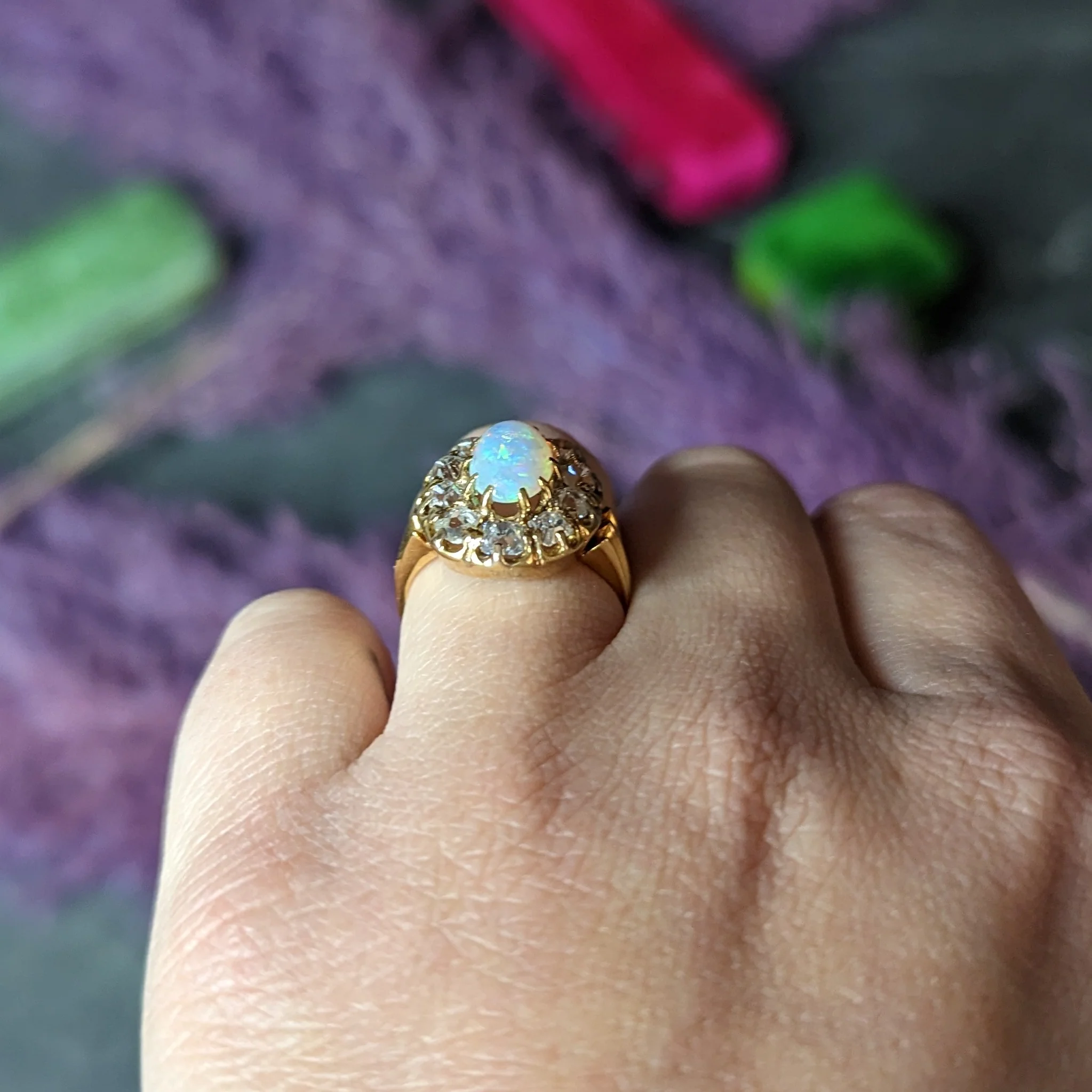 Victorian 1.50 CTW Old Mine Cut Diamond Opal 14 Karat Yellow Gold Antique Cluster Ring - Image 11