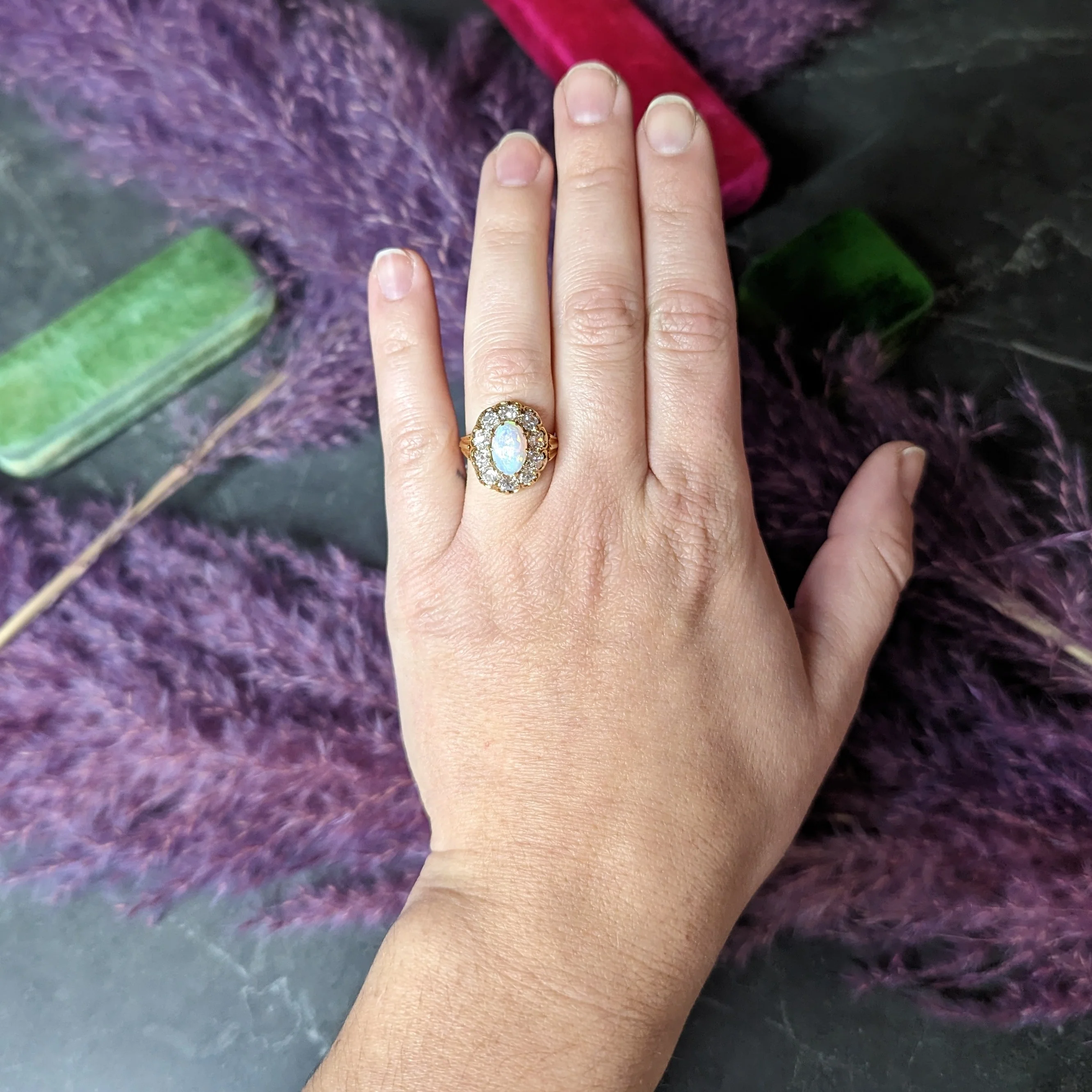 Victorian 1.50 CTW Old Mine Cut Diamond Opal 14 Karat Yellow Gold Antique Cluster Ring - Image 12