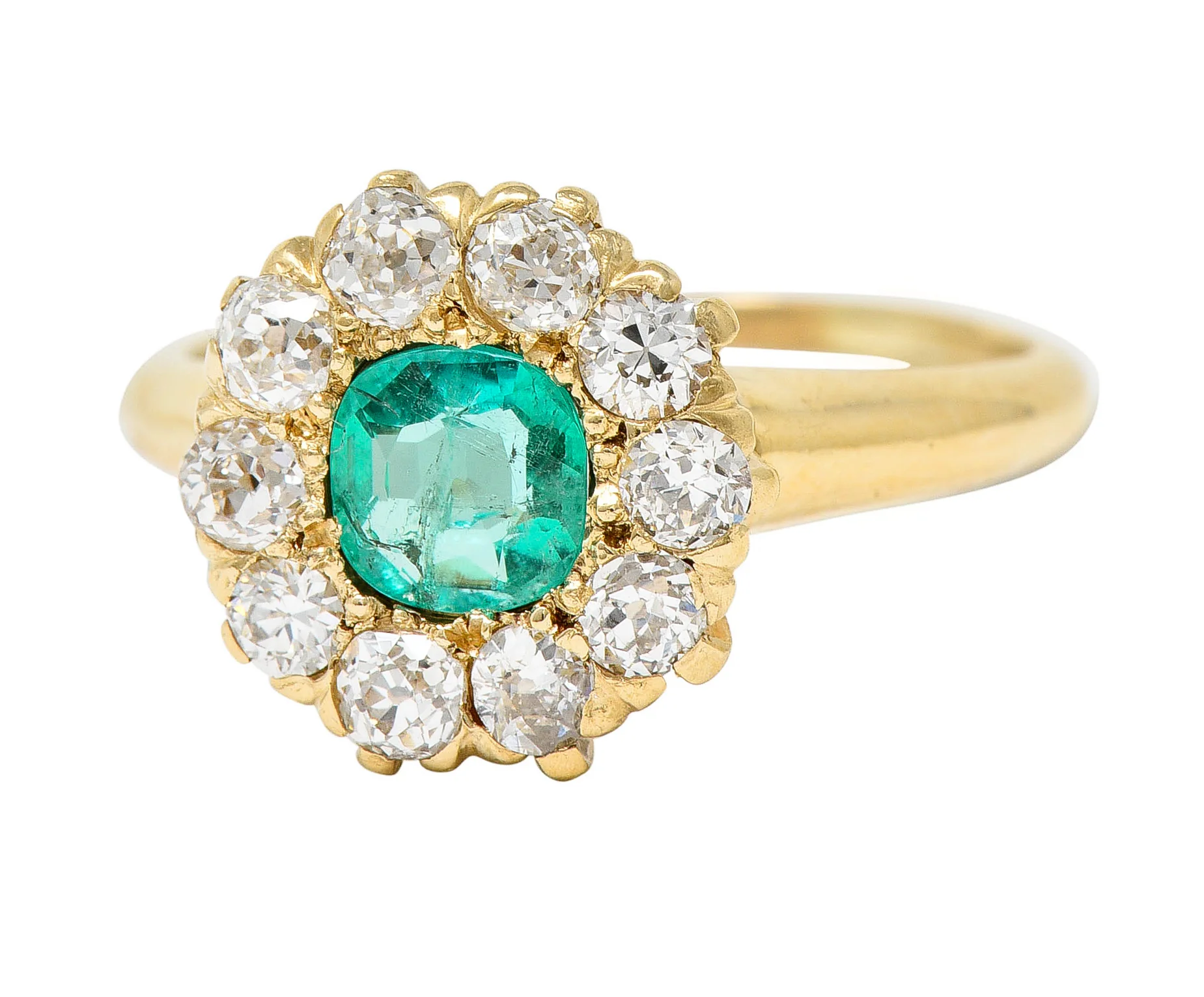 Victorian 1.52 CTW Cushion Cut Emerald Old Mine Cut Diamond 14 Karat Yellow Gold Antique Halo Ring - Image 6