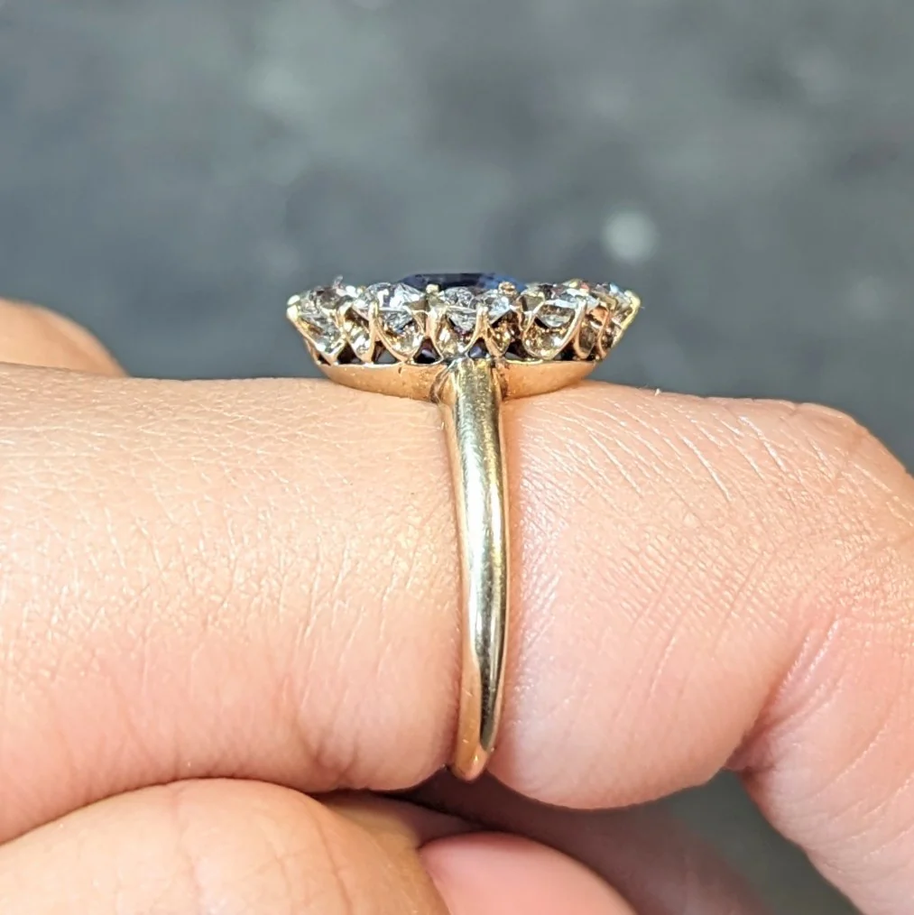 Victorian 1.53 CTW No Heat Ceylon Sapphire Diamond 14 Karat Gold Antique Halo Ring GIA - Image 13
