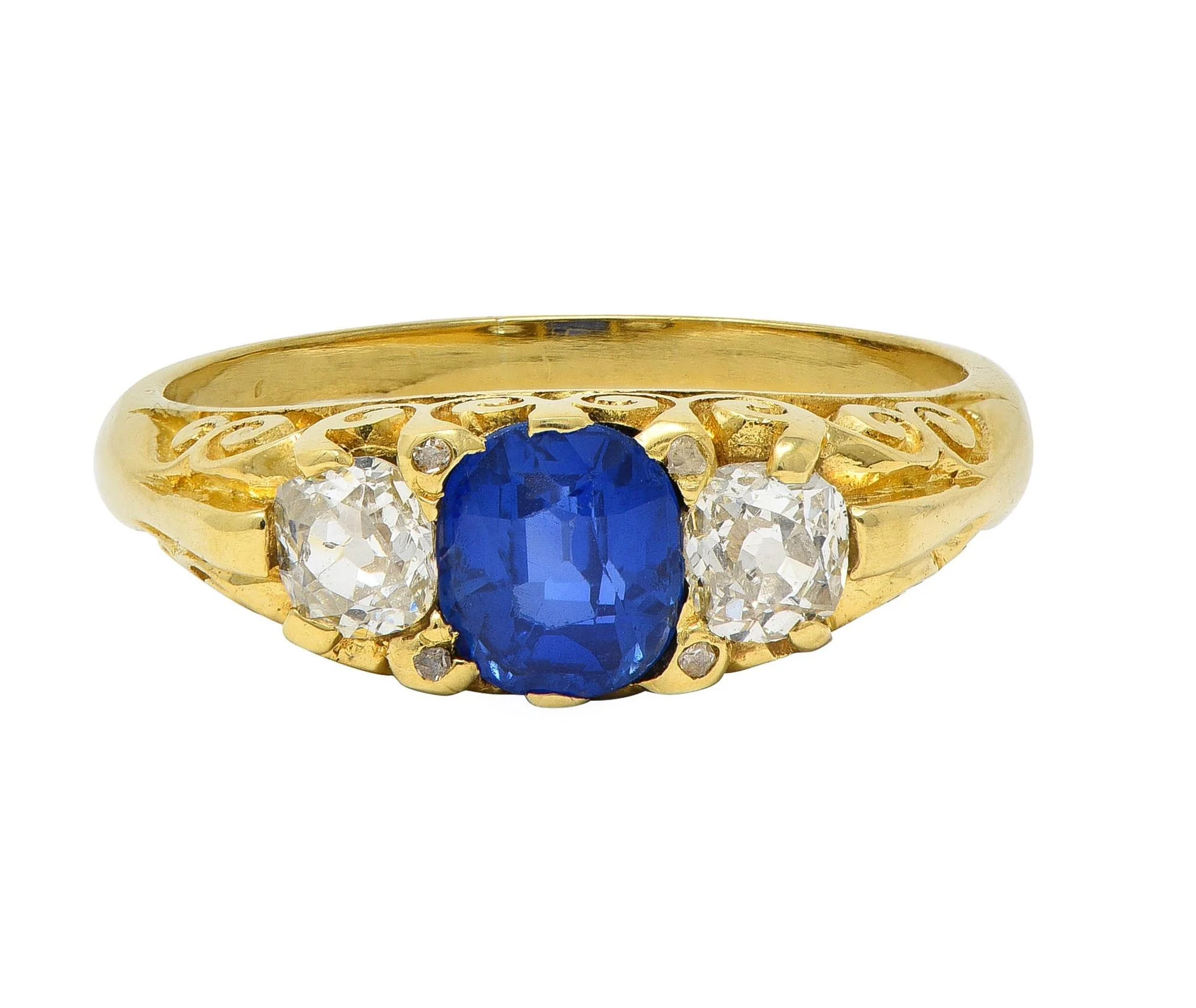 Victorian 1.54 CTW Sapphire Diamond 18 Karat Yellow Gold Antique Scroll Band Ring