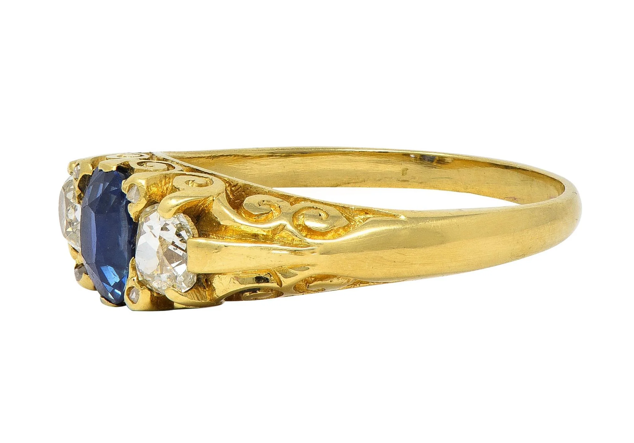Victorian 1.54 CTW Sapphire Diamond 18 Karat Yellow Gold Antique Scroll Band Ring - Image 4