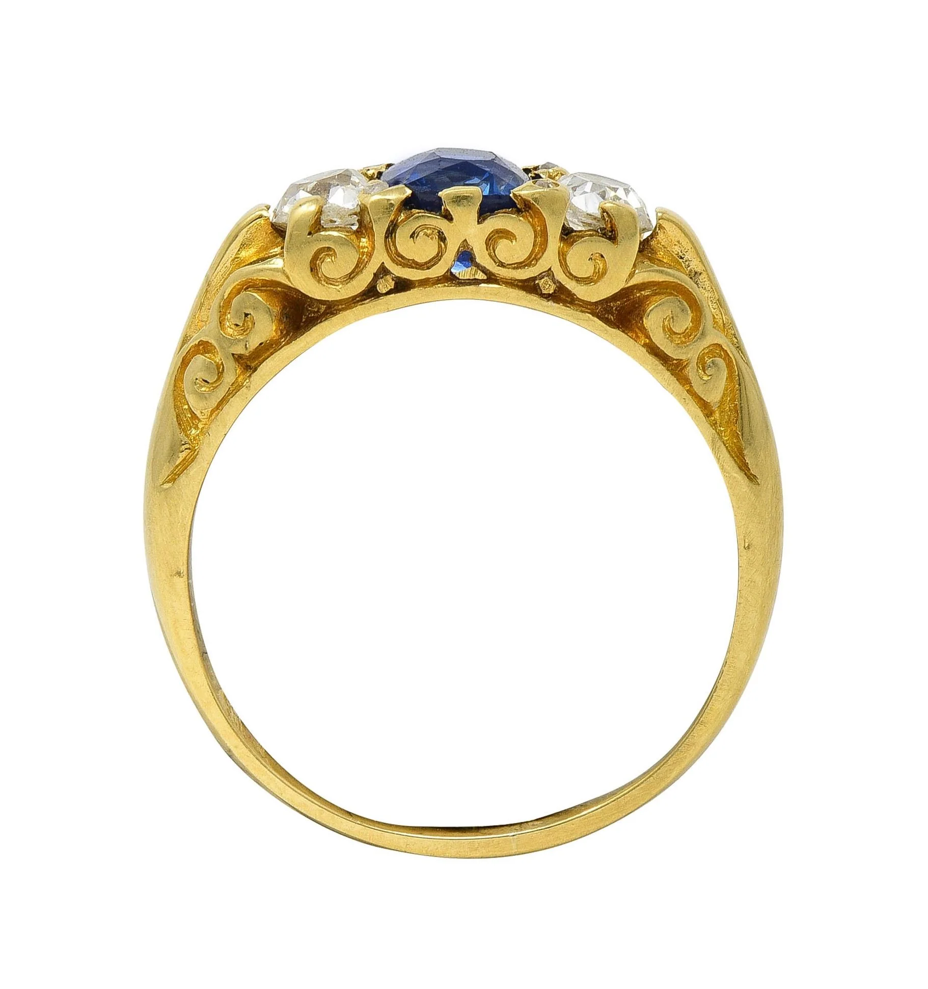 Victorian 1.54 CTW Sapphire Diamond 18 Karat Yellow Gold Antique Scroll Band Ring - Image 5