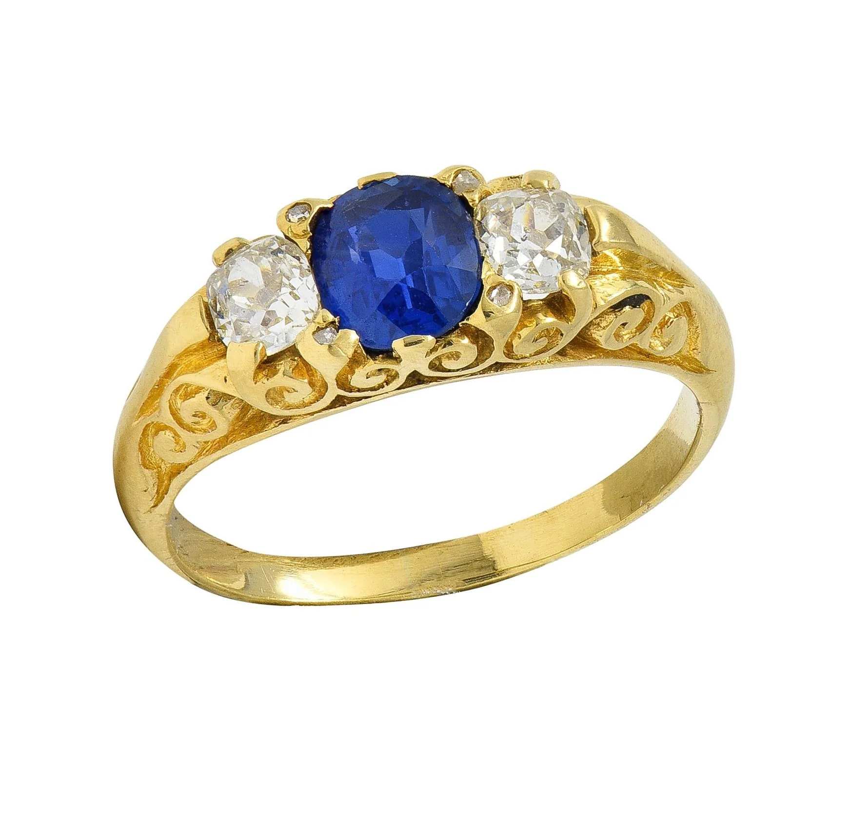 Victorian 1.54 CTW Sapphire Diamond 18 Karat Yellow Gold Antique Scroll Band Ring - Image 6