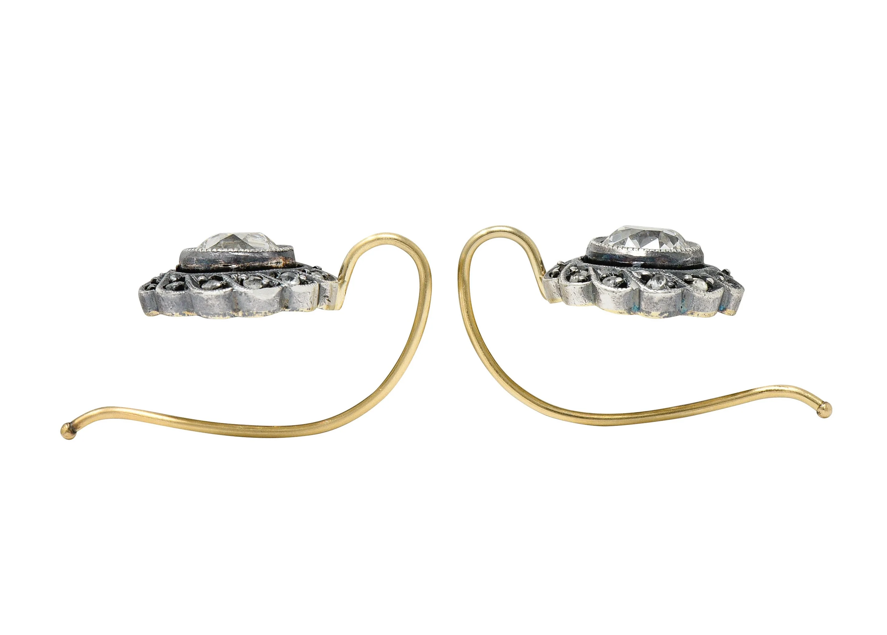 Victorian 1.60 CTW Diamond Silver-Topped 14 Karat Gold Cluster Drop Earrings - Image 4