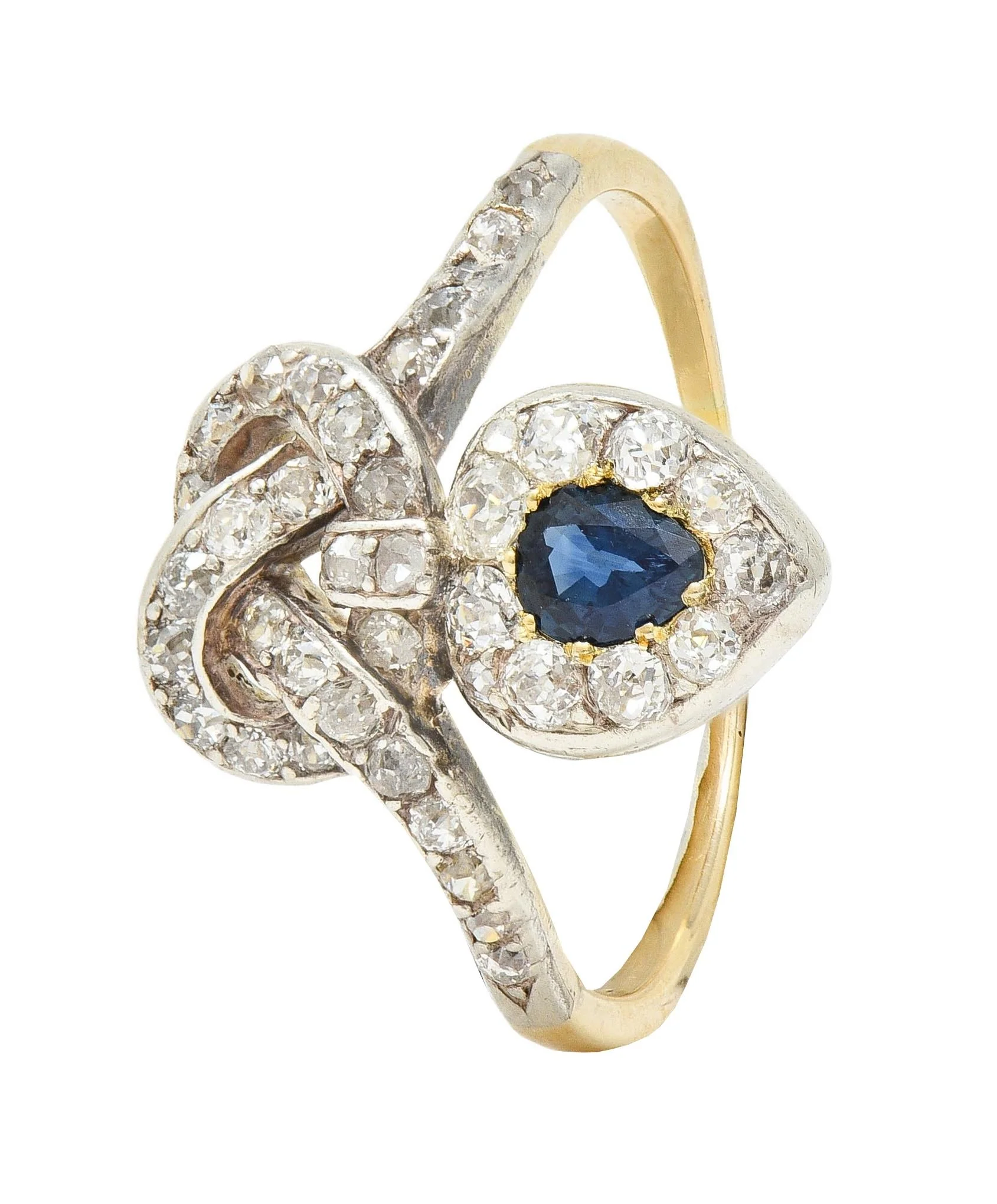 Victorian 1.60 CTW Sapphire Diamond Silver 14 Karat Gold Antique Love Knot Ring - Image 3