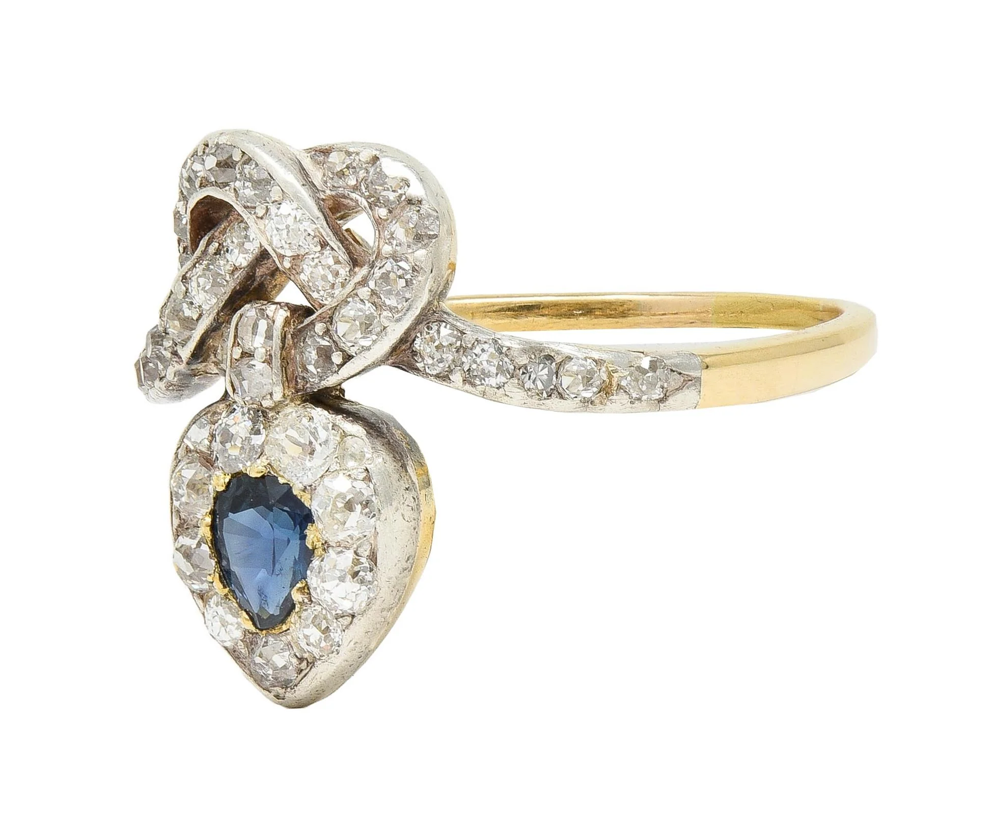 Victorian 1.60 CTW Sapphire Diamond Silver 14 Karat Gold Antique Love Knot Ring - Image 6