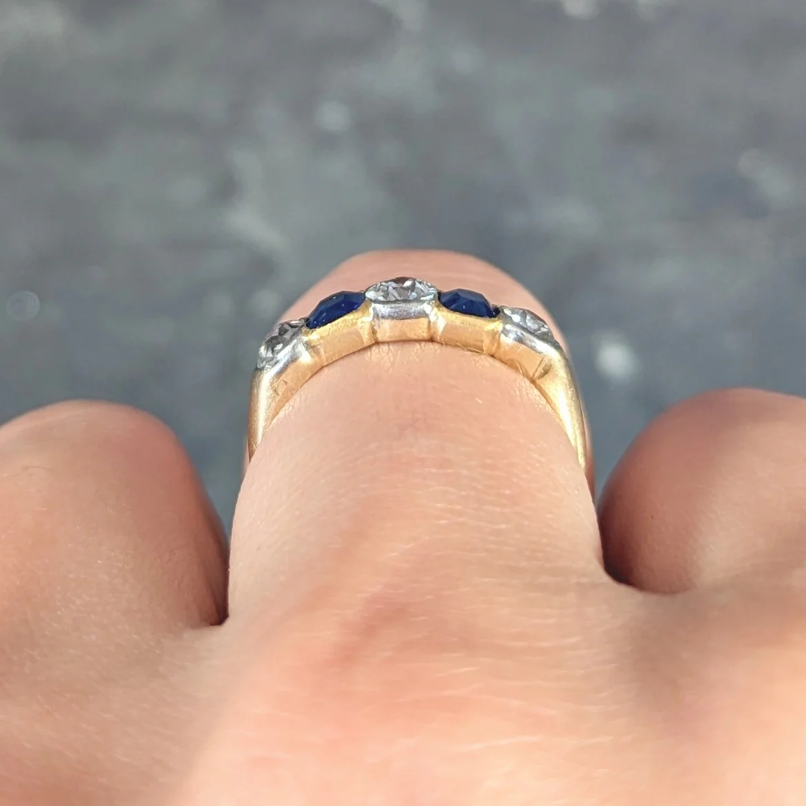 Victorian 1.63 CTW Old Mine Cut Diamond Sapphire Platinum 14 Karat Yellow Gold Five Stone Antique Band Ring - Image 10