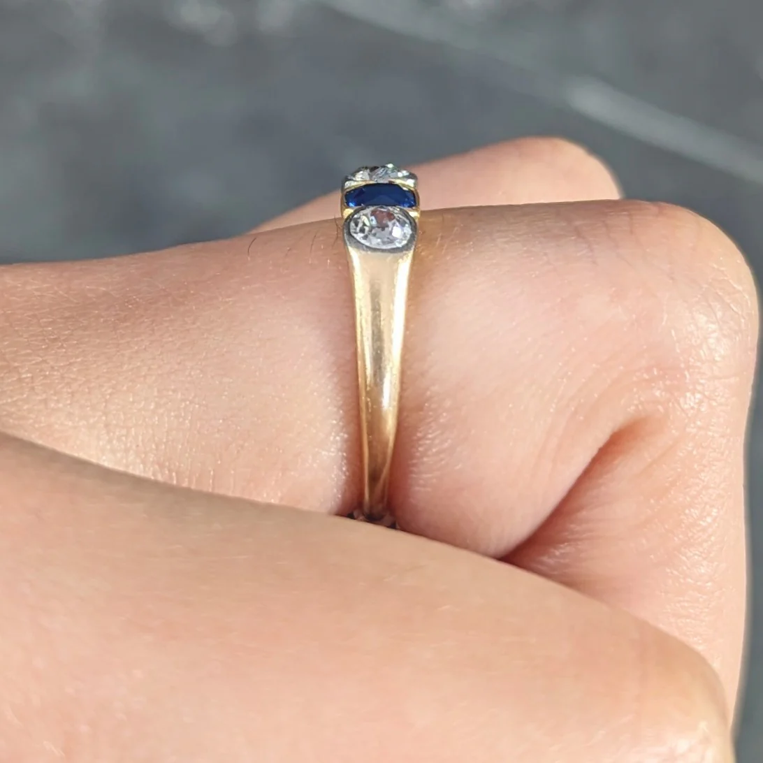 Victorian 1.63 CTW Old Mine Cut Diamond Sapphire Platinum 14 Karat Yellow Gold Five Stone Antique Band Ring - Image 11
