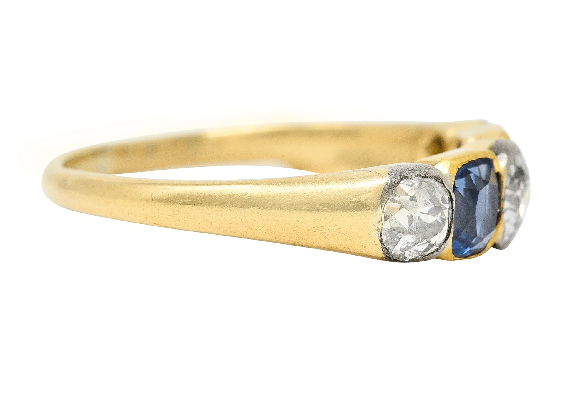 Victorian 1.63 CTW Old Mine Cut Diamond Sapphire Platinum 14 Karat Yellow Gold Five Stone Antique Band Ring - Image 3