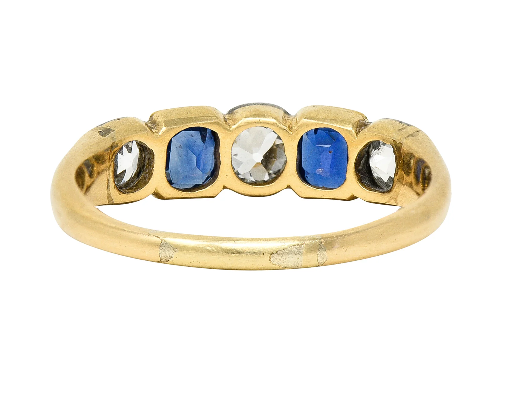 Victorian 1.63 CTW Old Mine Cut Diamond Sapphire Platinum 14 Karat Yellow Gold Five Stone Antique Band Ring - Image 4
