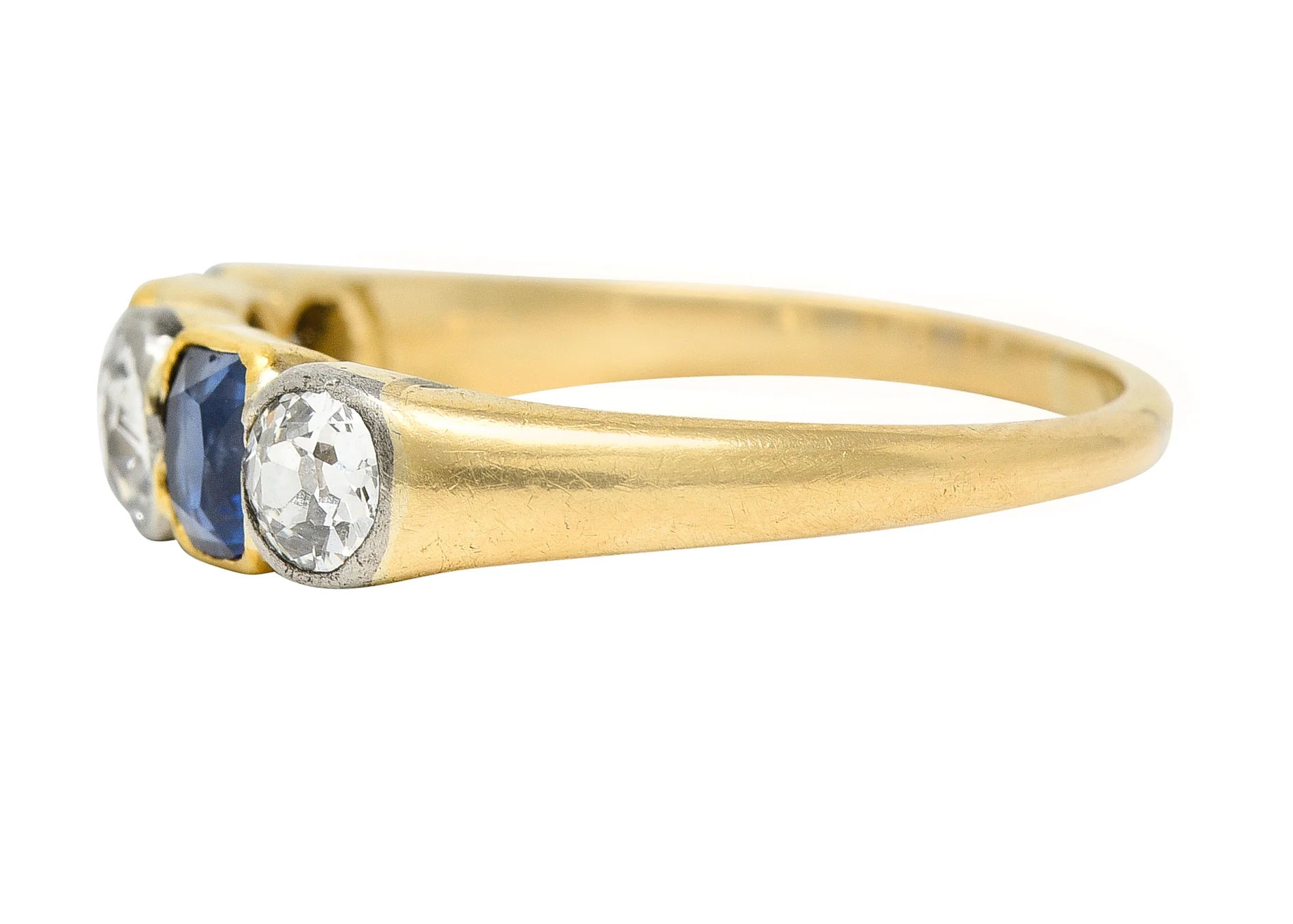 Victorian 1.63 CTW Old Mine Cut Diamond Sapphire Platinum 14 Karat Yellow Gold Five Stone Antique Band Ring - Image 5