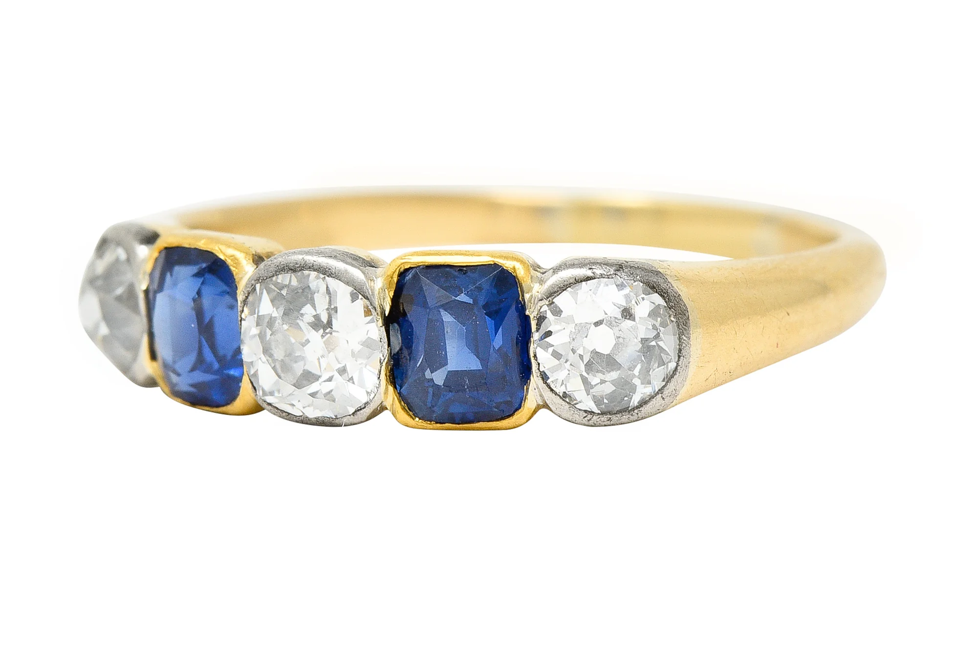 Victorian 1.63 CTW Old Mine Cut Diamond Sapphire Platinum 14 Karat Yellow Gold Five Stone Antique Band Ring - Image 6