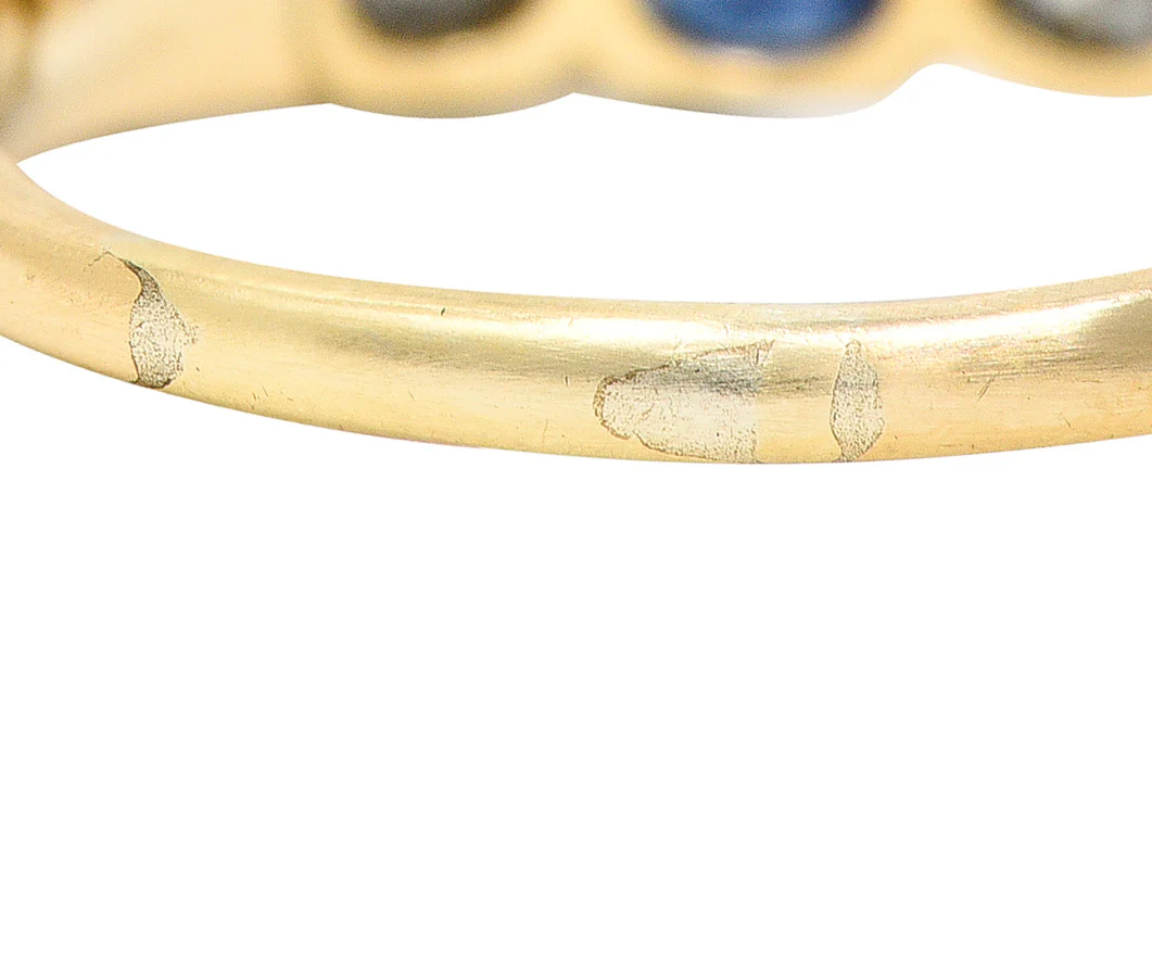 Victorian 1.63 CTW Old Mine Cut Diamond Sapphire Platinum 14 Karat Yellow Gold Five Stone Antique Band Ring - Image 7