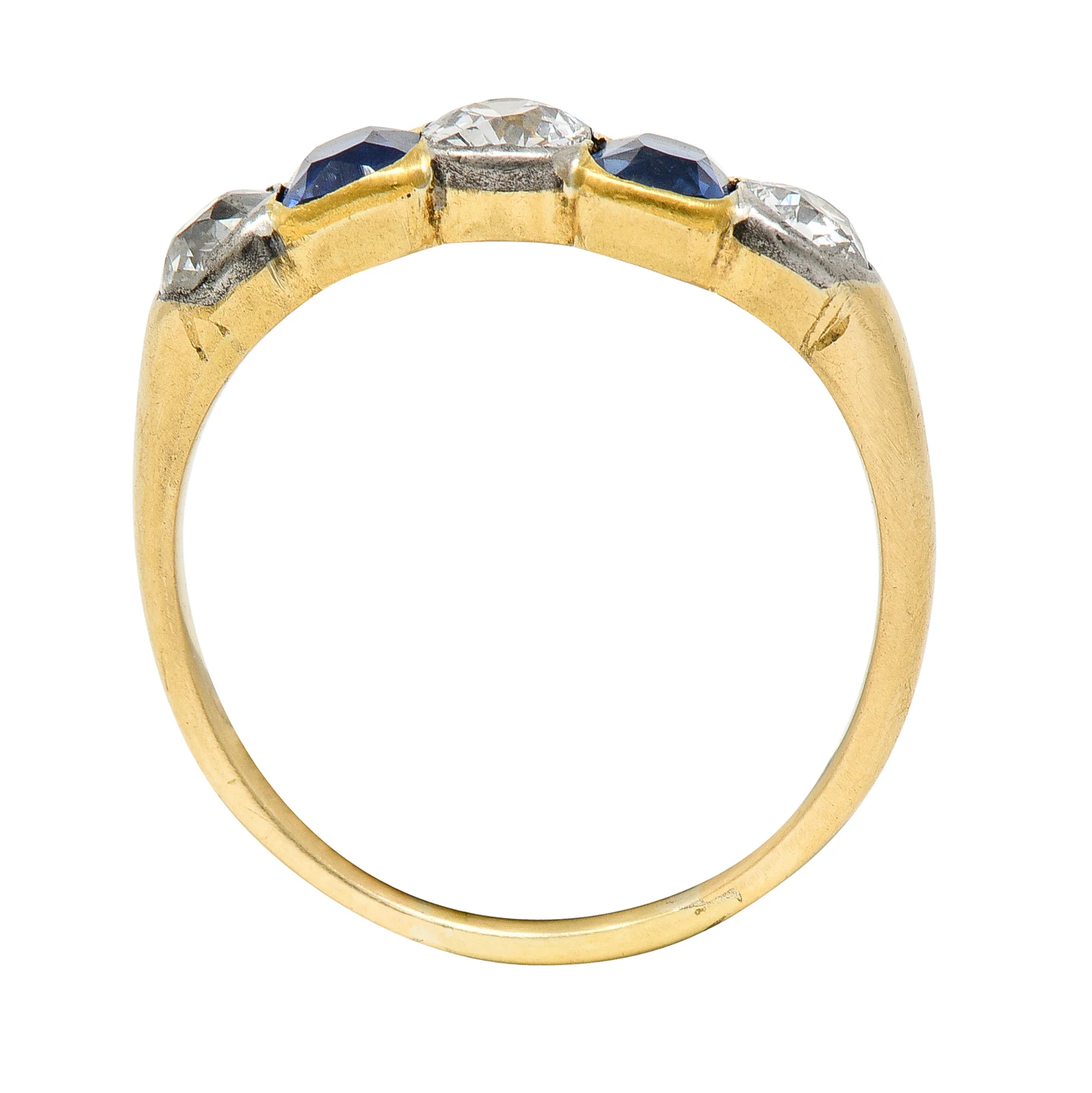 Victorian 1.63 CTW Old Mine Cut Diamond Sapphire Platinum 14 Karat Yellow Gold Five Stone Antique Band Ring - Image 8