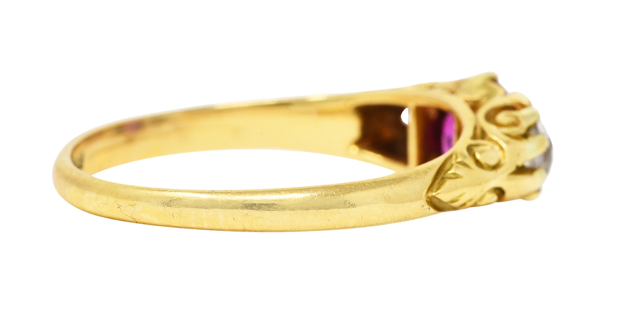 Victorian 1.64 CTW Ruby Old Mine Cut Diamond 18 Karat Yellow Gold Scrolling Three-Stone Antique Ring - Image 3