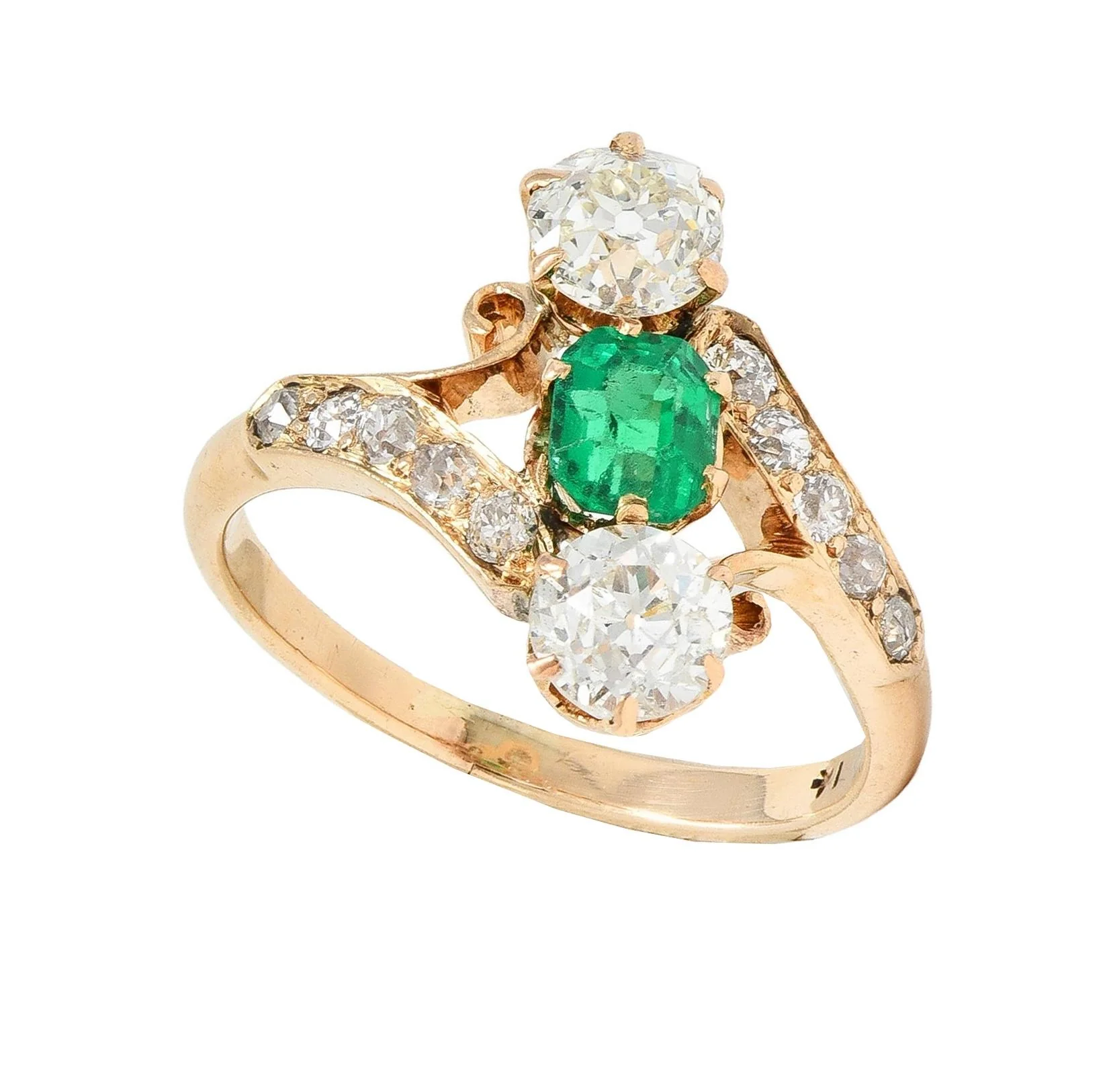 Victorian 1.66 CTW Emerald Diamond 14 Karat Yellow Gold Antique Bypass Ring - Image 11
