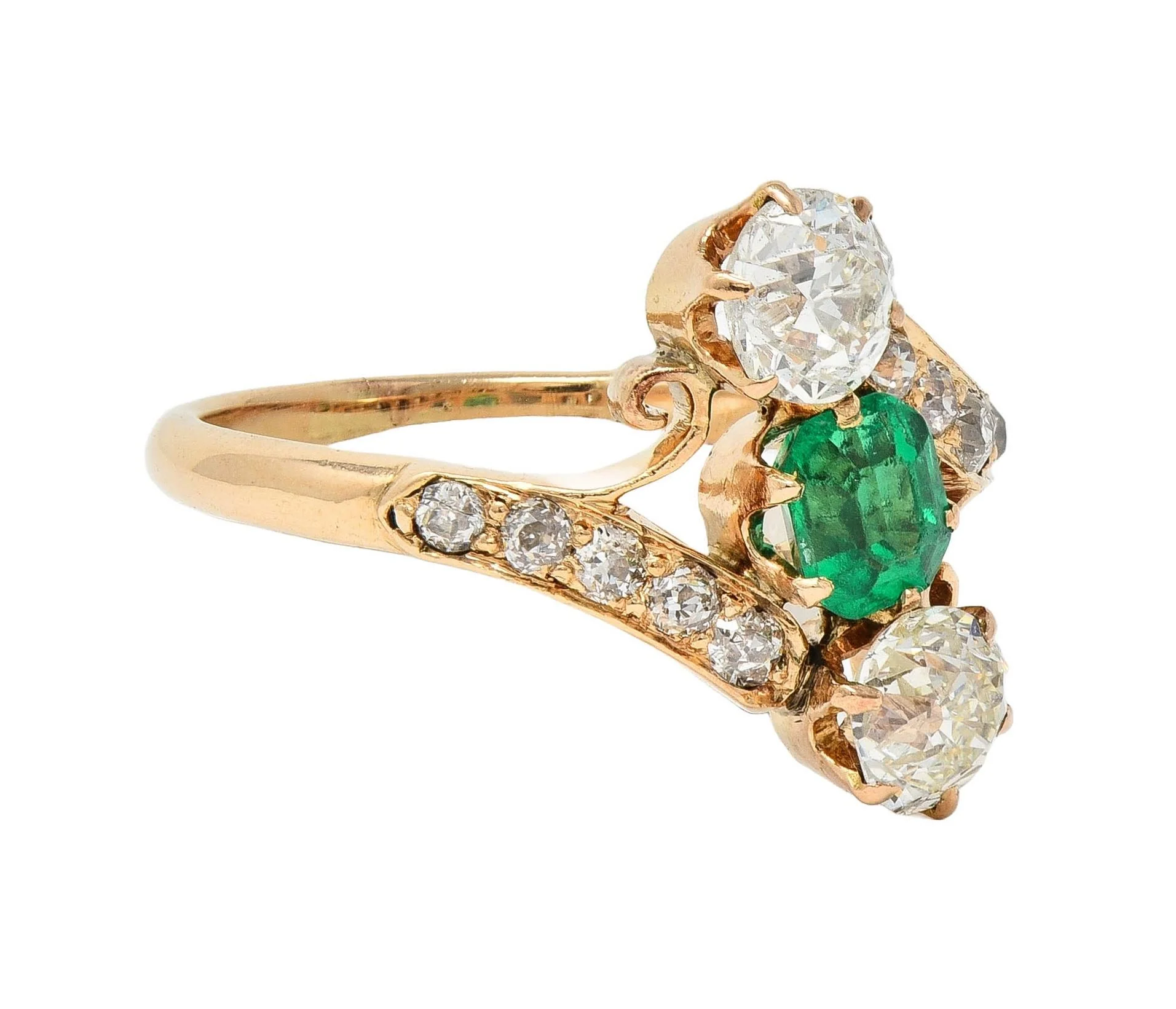 Victorian 1.66 CTW Emerald Diamond 14 Karat Yellow Gold Antique Bypass Ring - Image 2