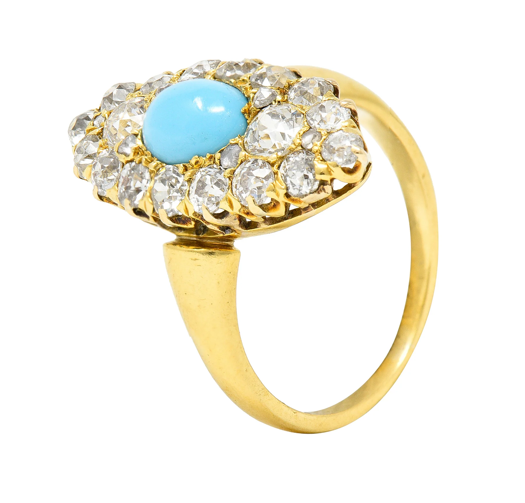 Victorian 1.68 CTW Old European Cut Diamond Turquoise 18 Karat Yellow Gold Antique Navette Cluster Ring - Image 6