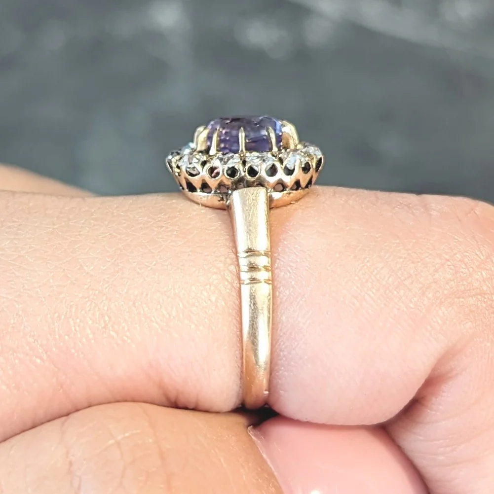 Victorian 1.78 CTW No Heat Ceylon Purple Sapphire 18 Karat Yellow Gold Antique Halo Ring GIA - Image 14