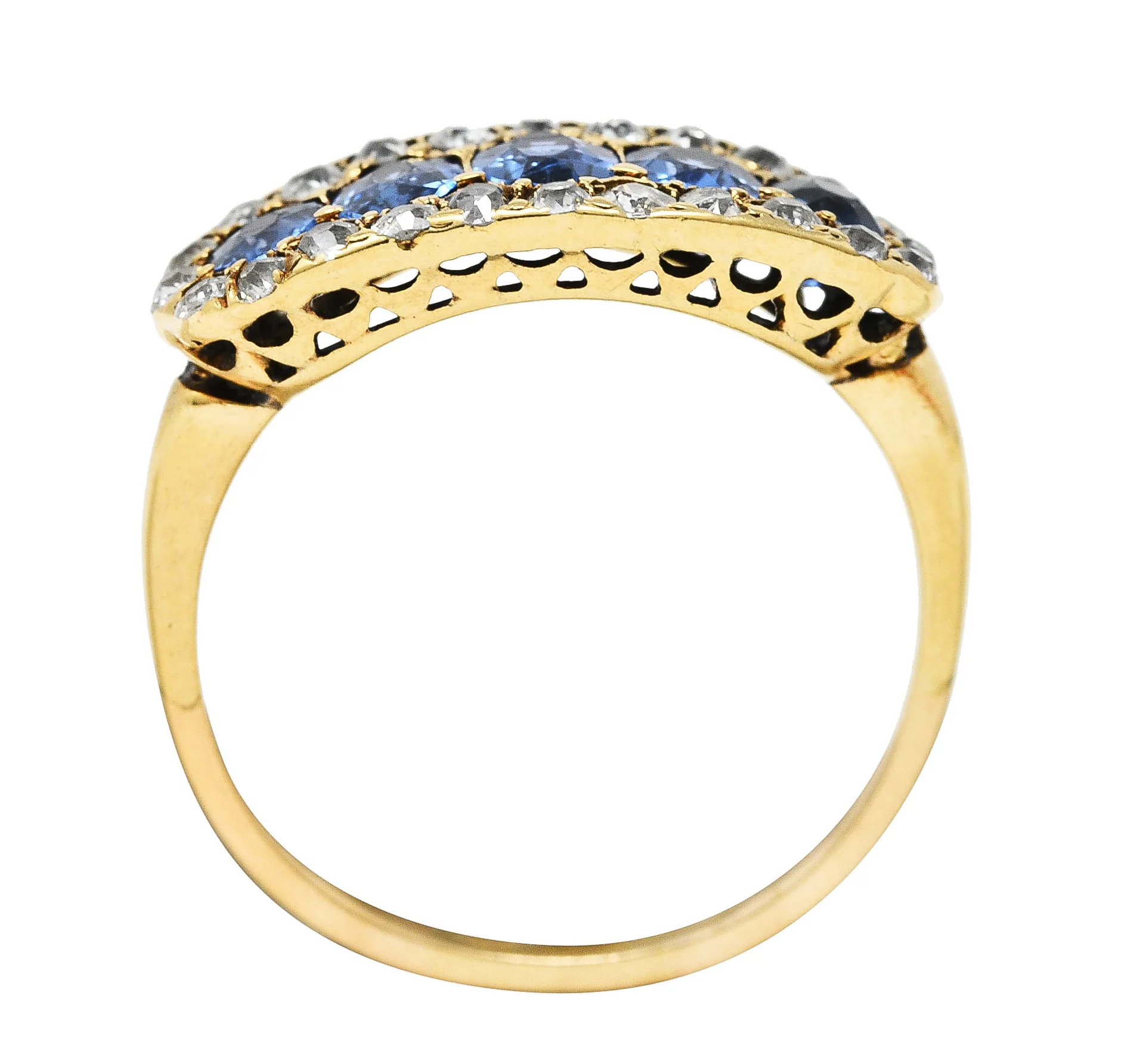 Victorian 1.82 CTW Sapphire Old European Cut Diamond 14 Karat Yellow Gold Antique Five Stone Halo Ring - Image 7