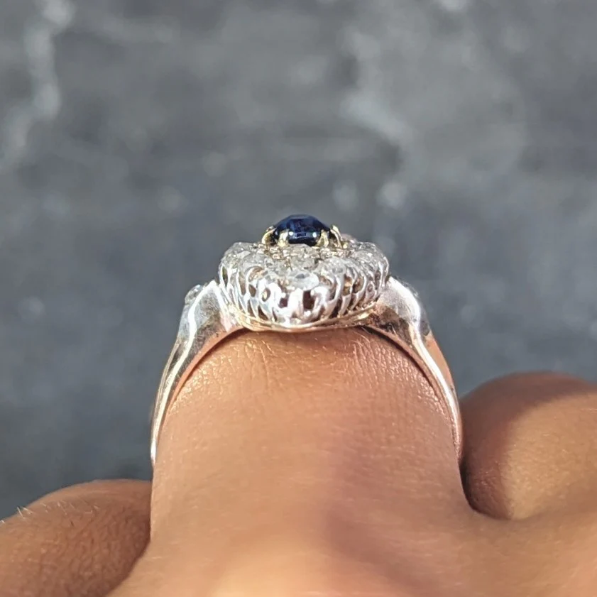 Victorian 1.84 CTW Cushion Cut Sapphire Diamond Silver-Topped 18 Karat Rose Gold Antique Navette Cluster Ring - Image 11
